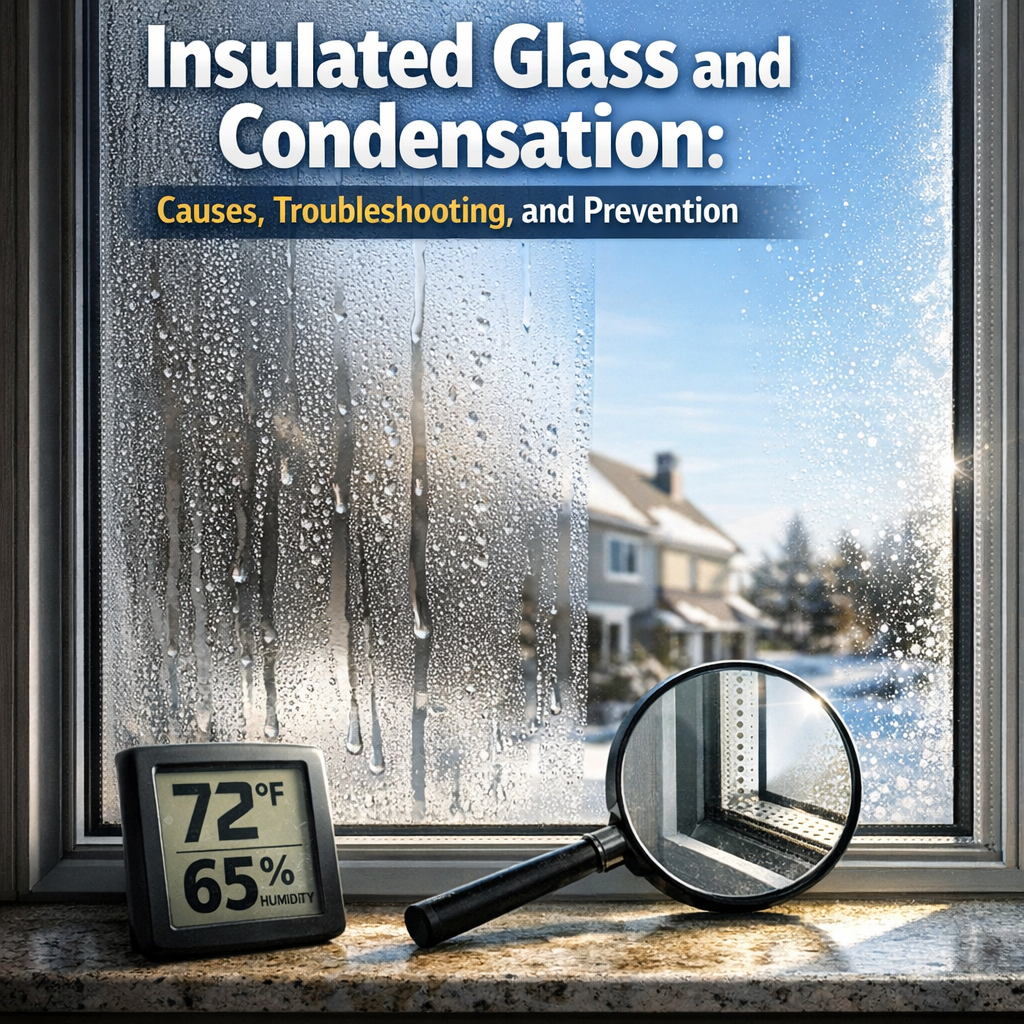 A window with condensation and water droplets; a digital display shows 72°F and 65% humidity; a magnifying glass rests nearby; text about insulated glass and condensation is overlaid. A window with condensation and water droplets; a digital display shows 72°F and 65% humidity; a magnifying glass rests nearby; text about insulated glass and condensation is overlaid.