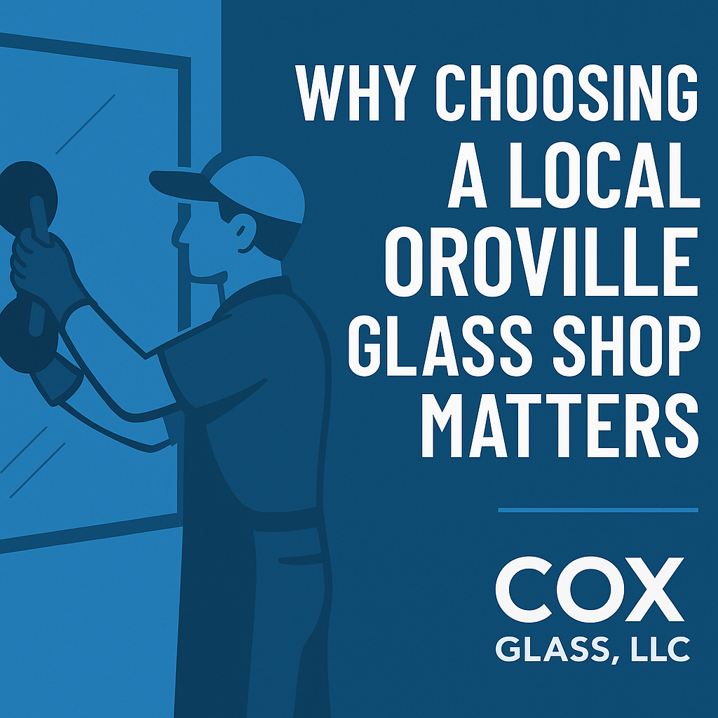 Illustration of a worker installing glass with the text, "Why choosing a local Oroville glass shop matters," and the Cox Glass, LLC logo.