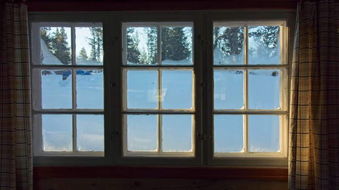 A view through a multi-pane window shows snow-covered ground and trees outside, with sunlight casting a warm glow on the snow and curtains framing the window.
