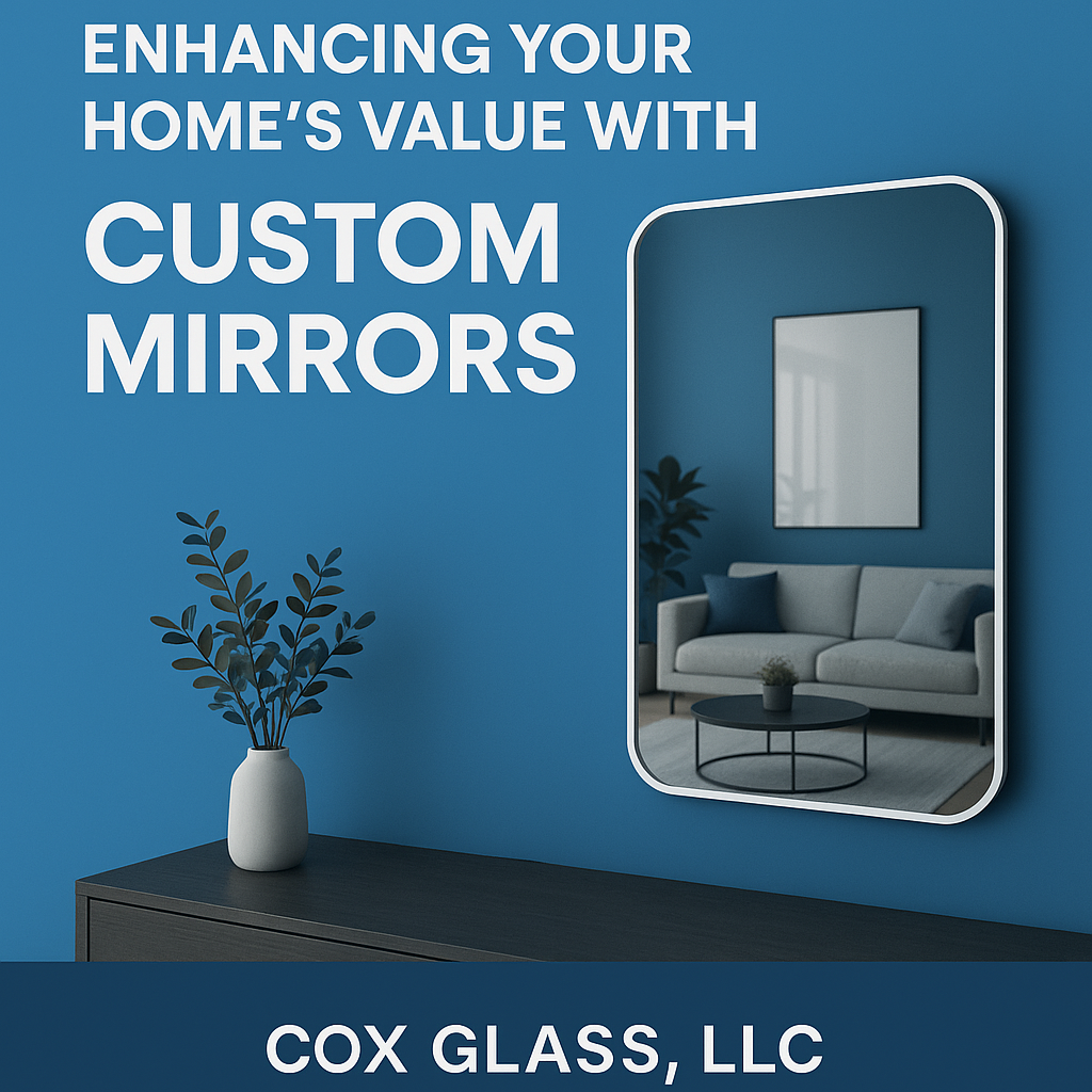 A room with a blue wall, a rectangular mirror, a framed picture, a sofa, a coffee table, and a plant; text advertises custom mirrors by Cox Glass, LLC.