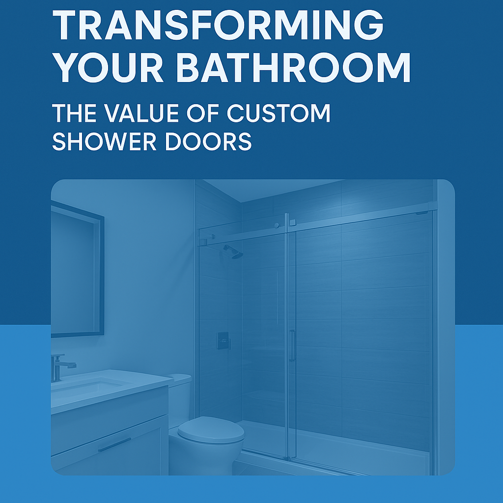 Modern bathroom with glass sliding shower doors, white vanity, and a mirror, accompanied by text about the value of custom shower doors.