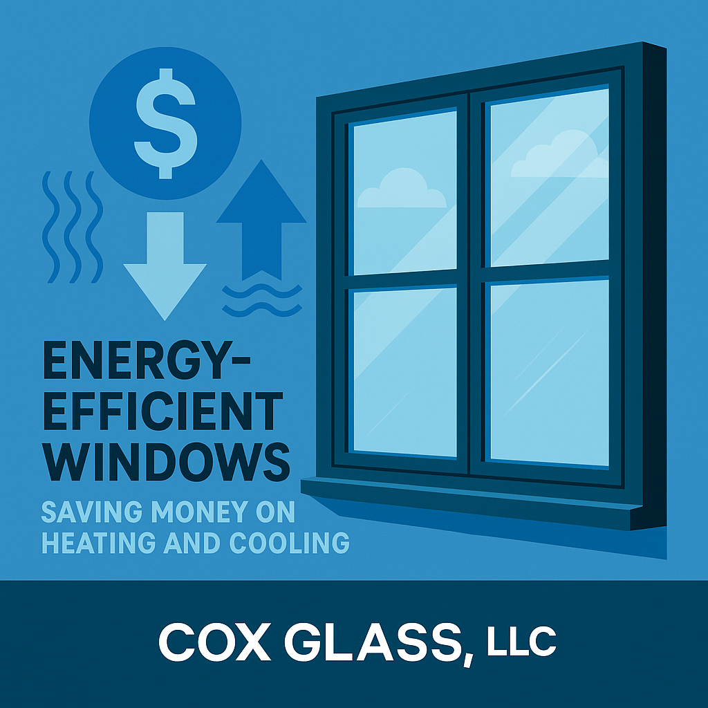 Illustration of a window with text promoting energy-efficient windows that save money on heating and cooling; includes the Cox Glass, LLC logo.