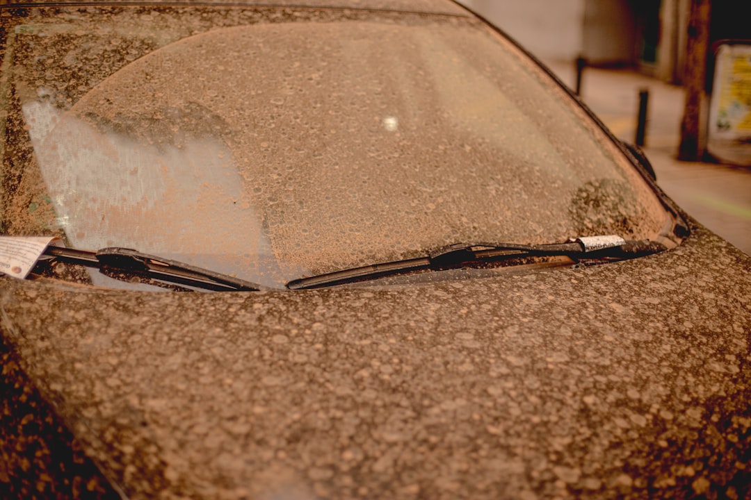 A car covered in a thick layer of dust with its windshield wipers visible and a parking ticket on the windshield. A car covered in a thick layer of dust with its windshield wipers visible and a parking ticket on the windshield.