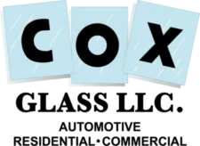 Logo for Cox Glass LLC featuring large black letters on blue glass panels and text for automotive, residential, and commercial services.