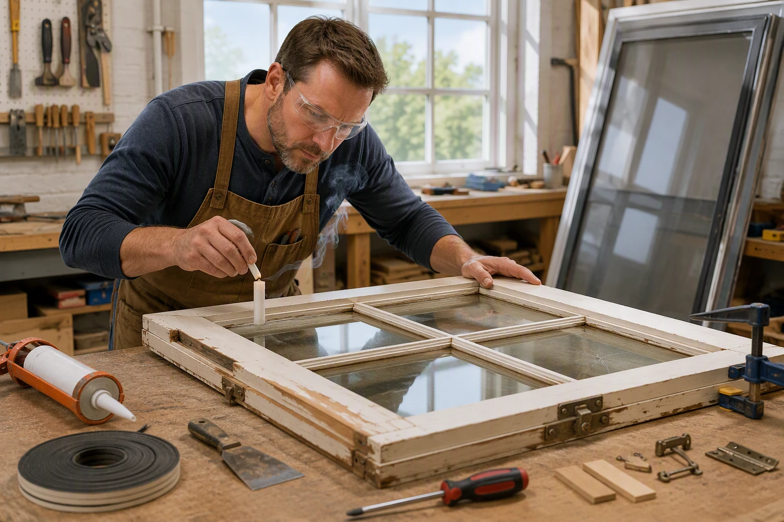 Glazier inspecting window frame corners in workshop