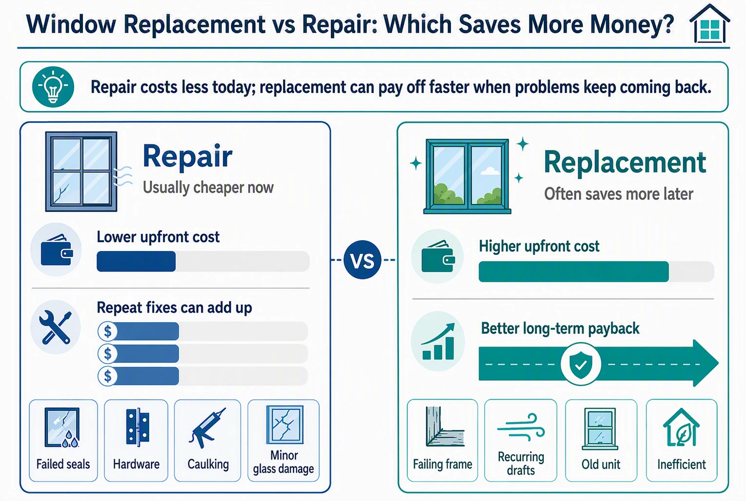 Bar chart comparing repair costs and replacement savings over time