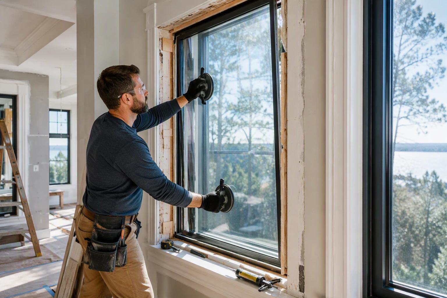 Glazier installing low-E double-pane window in sunlit modern home