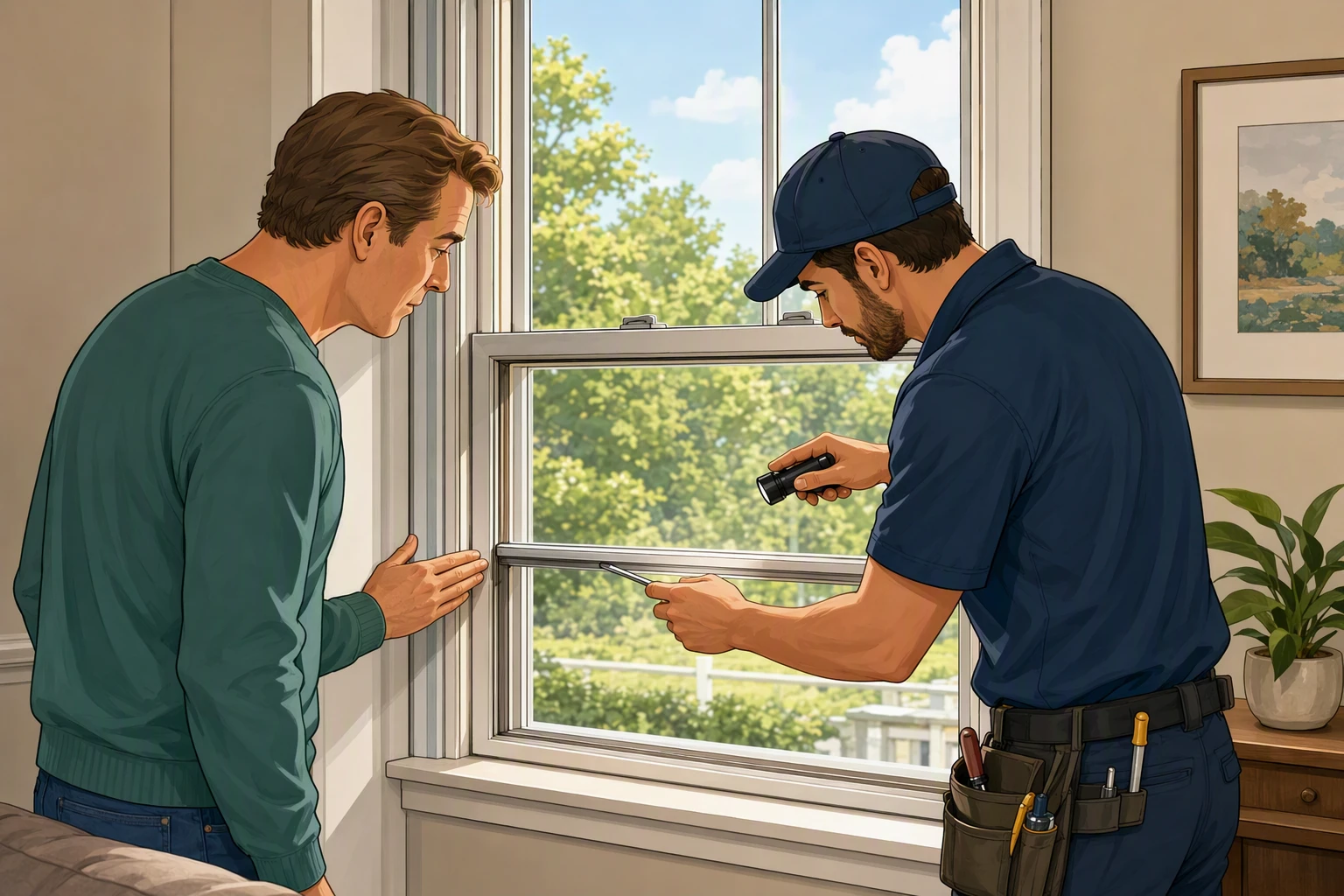 Homeowner inspecting drafty window with technician checking seals