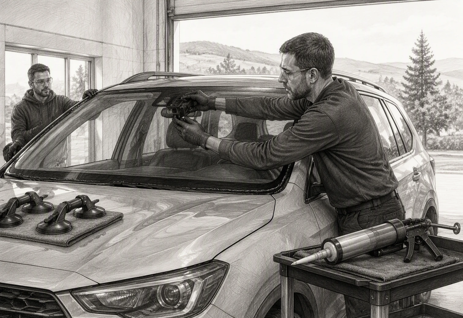 Technician aligning windshield camera bracket with precision tools