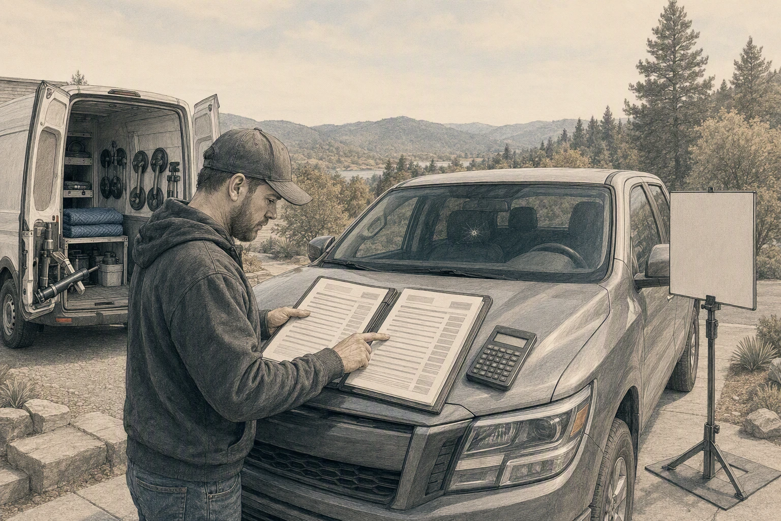 Oroville driver reviewing windshield repair estimates beside truck