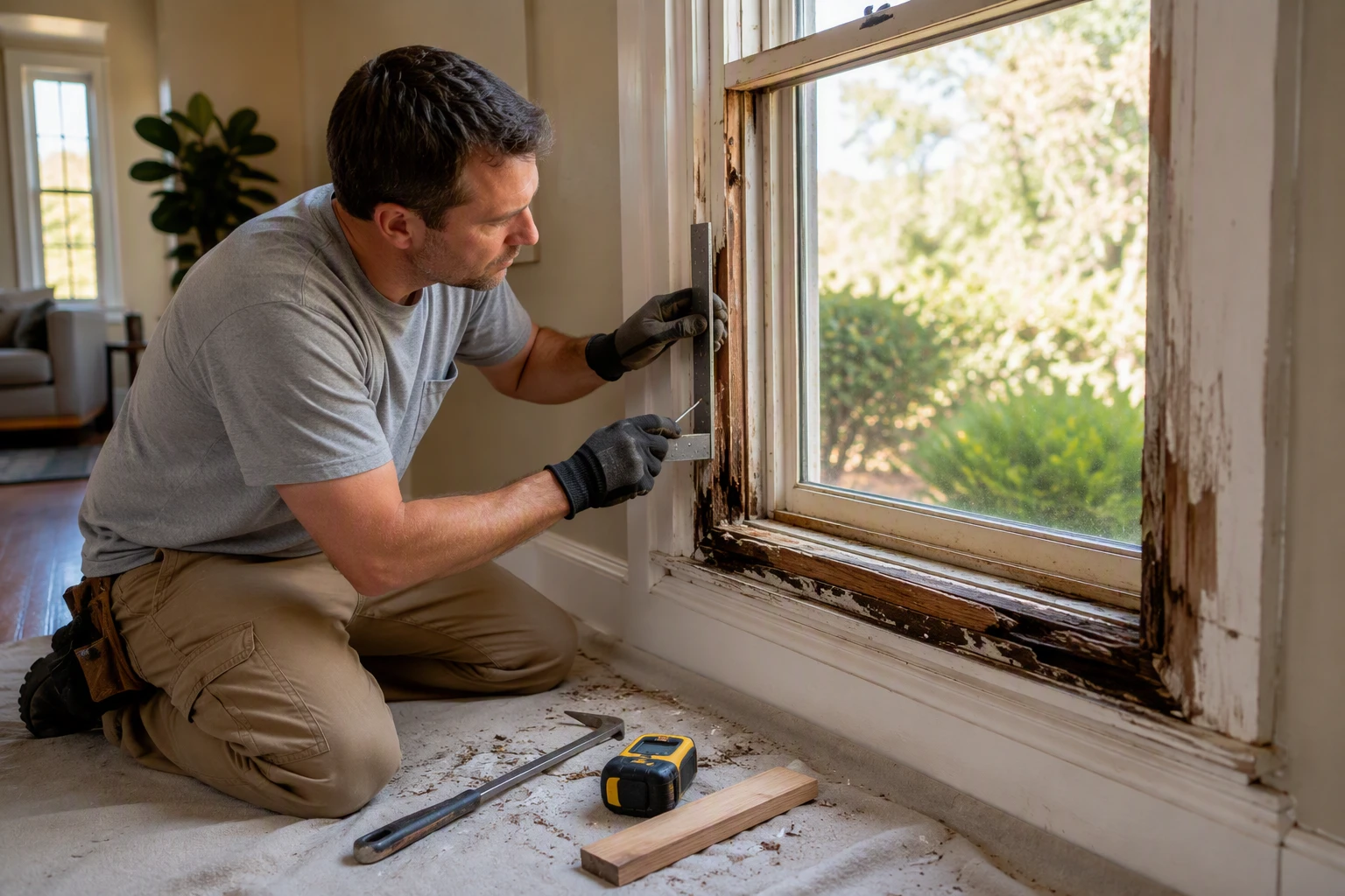 Technician examines rotted window frame and warped sash in daylight