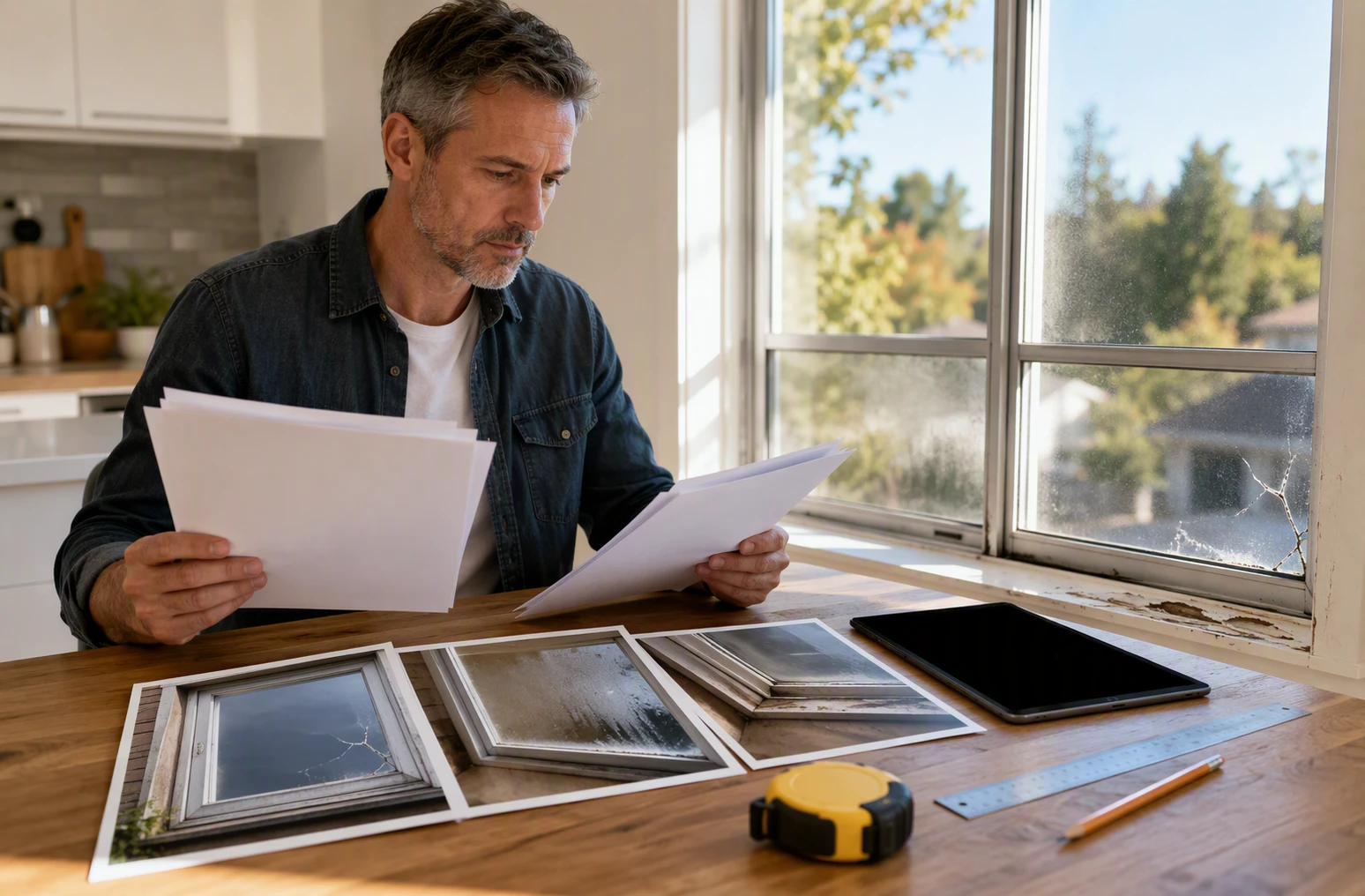 Homeowner reviewing window damage details at kitchen table