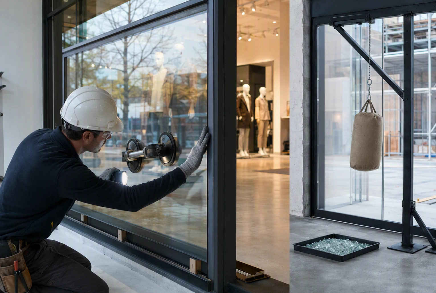Glazier inspecting vacuum insulating glass unit before impact test