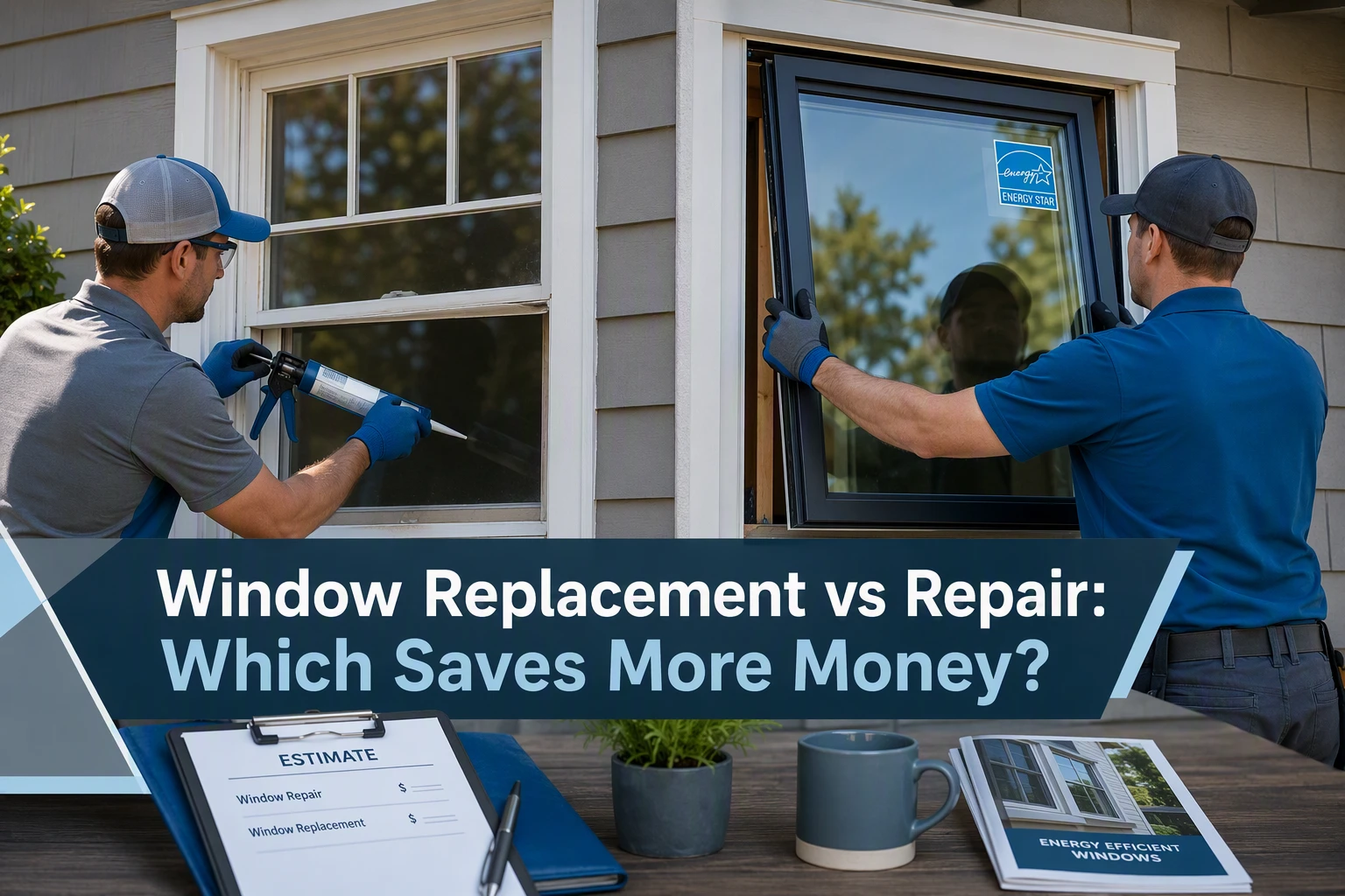 Two workers install and seal a window on a house exterior, demonstrating the difference between window replacement and repair. A sign reads “Window Replacement vs Repair: Which Saves More Money?”—prompting homeowners to consider the best way to save money. An estimate and brochure sit on a nearby table, ready for review.