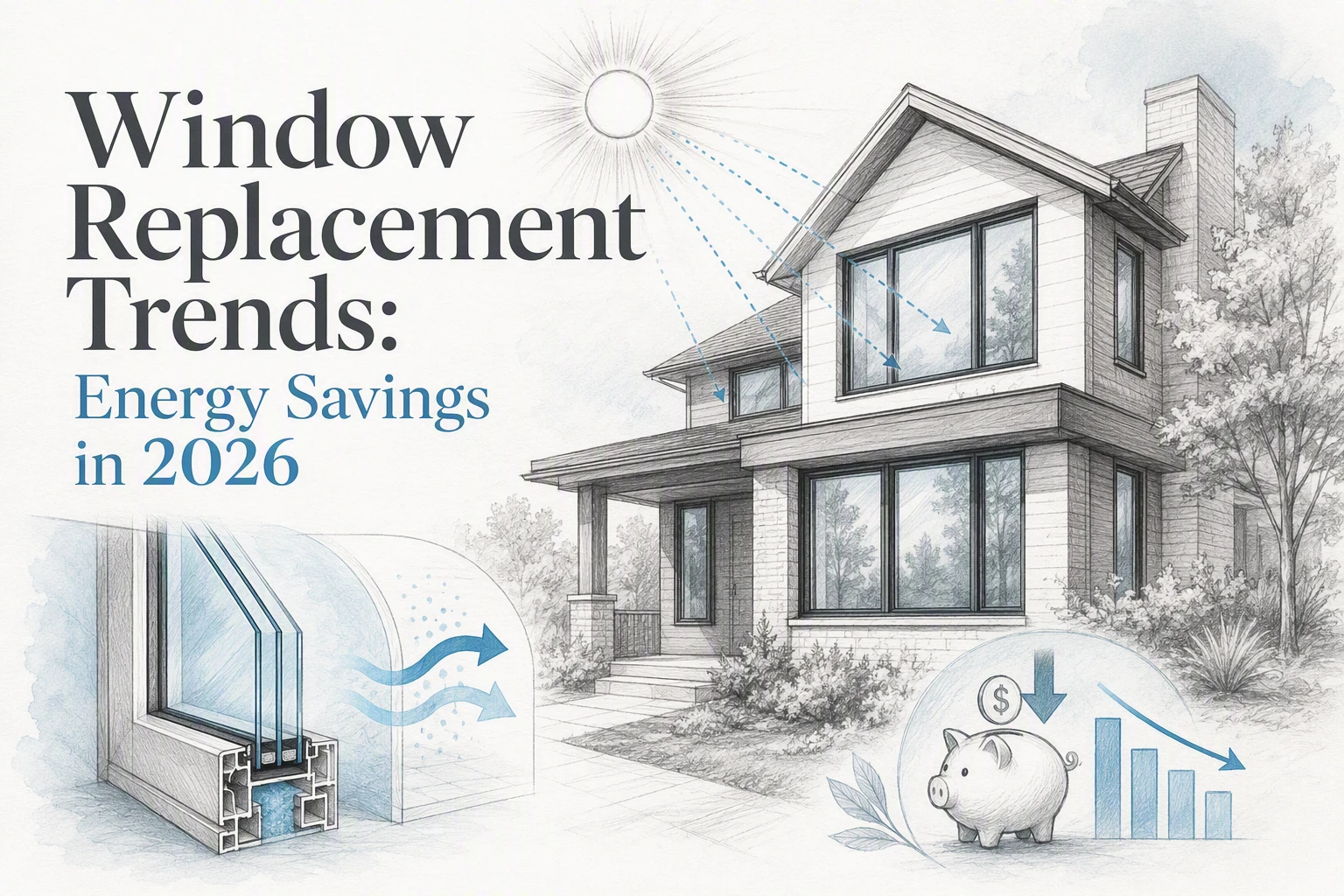 Illustration of a house with new windows, sunlight, airflow, a window cross-section, a piggy bank, and a rising savings chart, captioned “Window Replacement Trends: Energy Savings in 2026.” This visual highlights how window replacement in 2026 can lead to significant energy savings for homeowners.