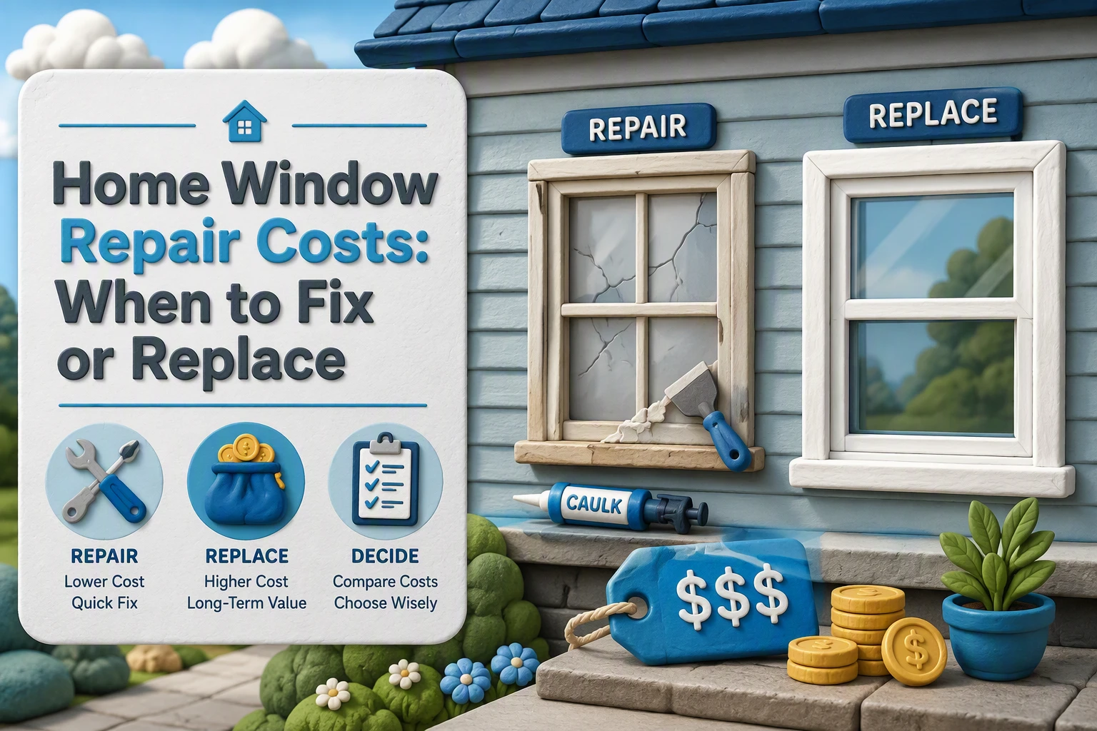 A sign compares costs of home window repair vs. replacement, showing a cracked window labeled “Repair” and a new window labeled “Replace,” with related tools and money symbols nearby to highlight the difference in window repair costs and help you decide whether to fix or replace windows.
