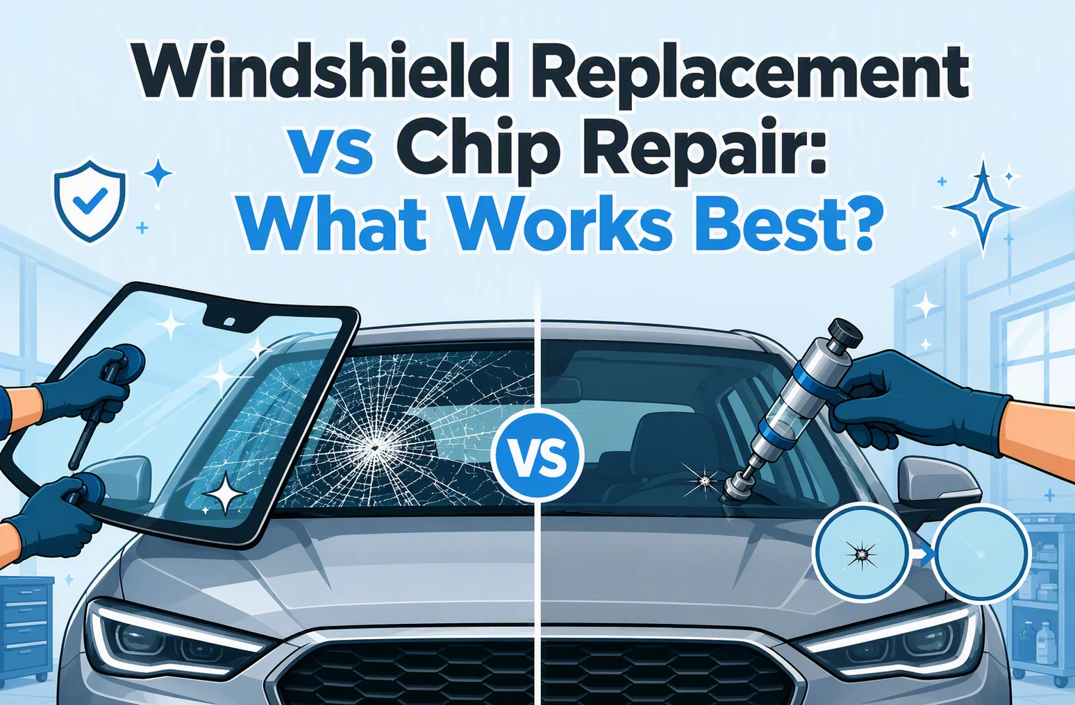 Illustration comparing windshield replacement on the left with chip repair on the right, centered on a car with a cracked windshield and bold text above highlighting the differences between windshield repair options.