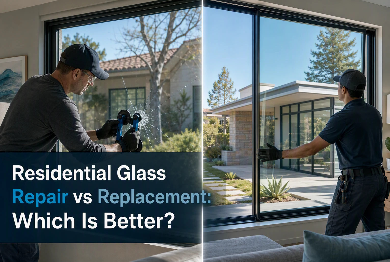 A worker repairs a cracked window on the left; another installs a new window on the right. Text reads: “Residential Glass Repair vs Replacement: Which Is Better?” This scene highlights common scenarios in residential glass repair and glass replacement. A worker repairs a cracked window on the left; another installs a new window on the right. Text reads: “Residential Glass Repair vs Replacement: Which Is Better?” This scene highlights common scenarios in residential glass repair and glass replacement.