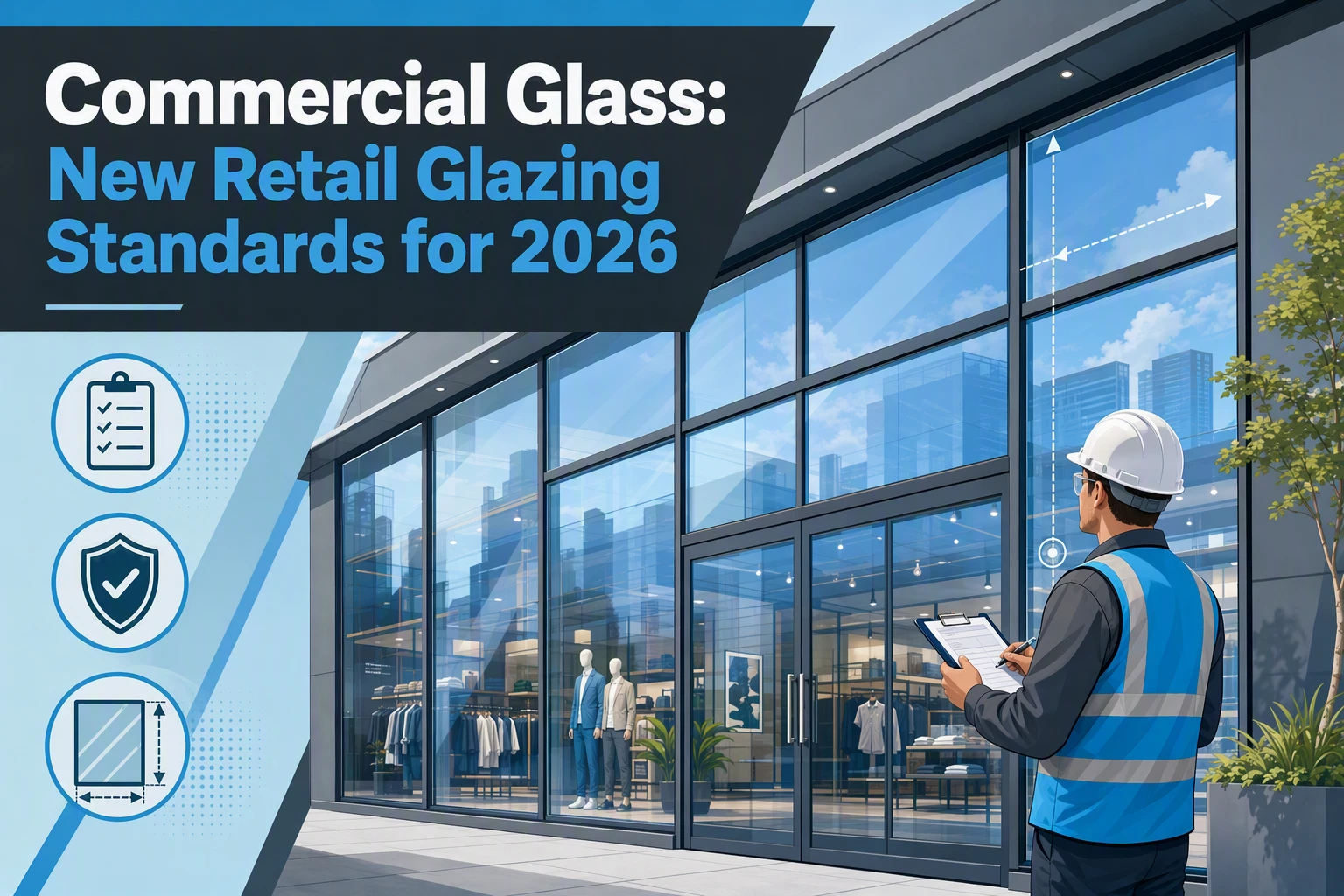 A construction inspector in safety gear examines a modern commercial glass retail storefront. Text reads: “Retail Glazing: New Commercial Glass Standards for 2026.” Icons indicate checklist, shield, and measurements. A construction inspector in safety gear examines a modern commercial glass retail storefront. Text reads: “Retail Glazing: New Commercial Glass Standards for 2026.” Icons indicate checklist, shield, and measurements.