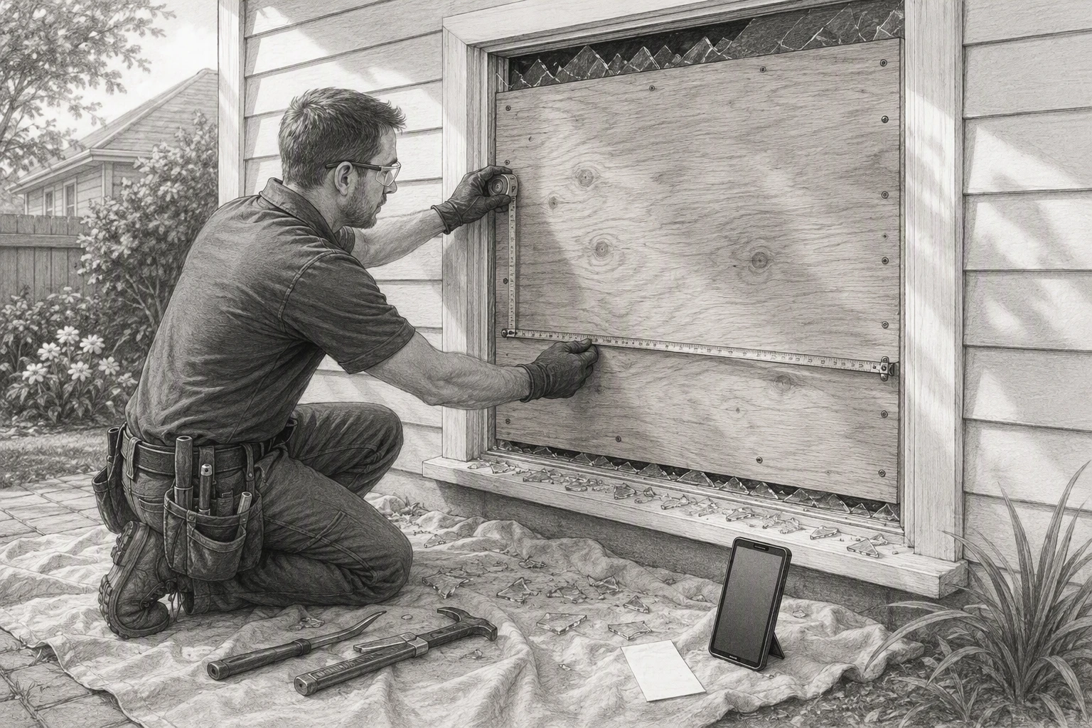 Technician measuring boarded window with safety gear