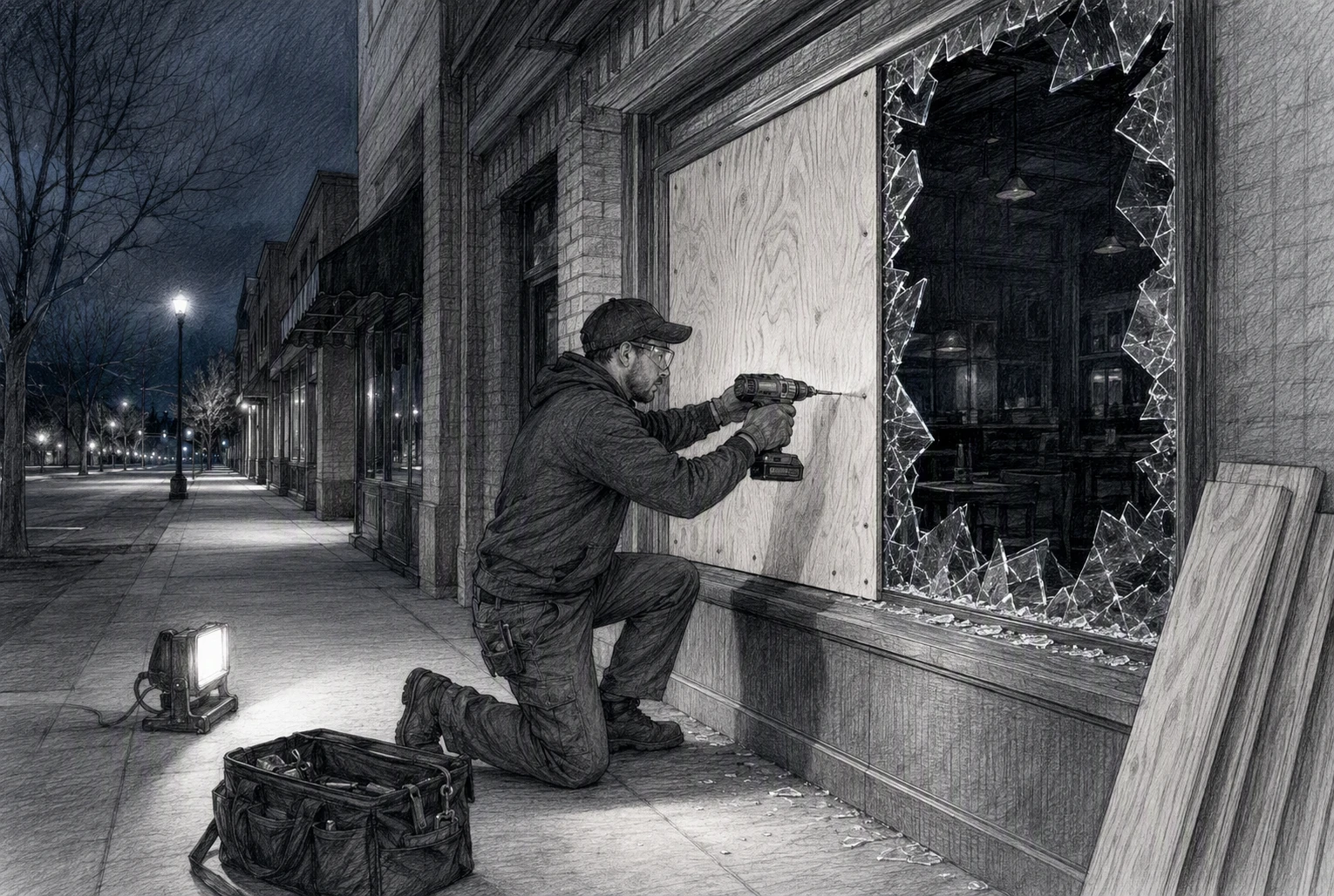 Night technician boarding shattered storefront window
