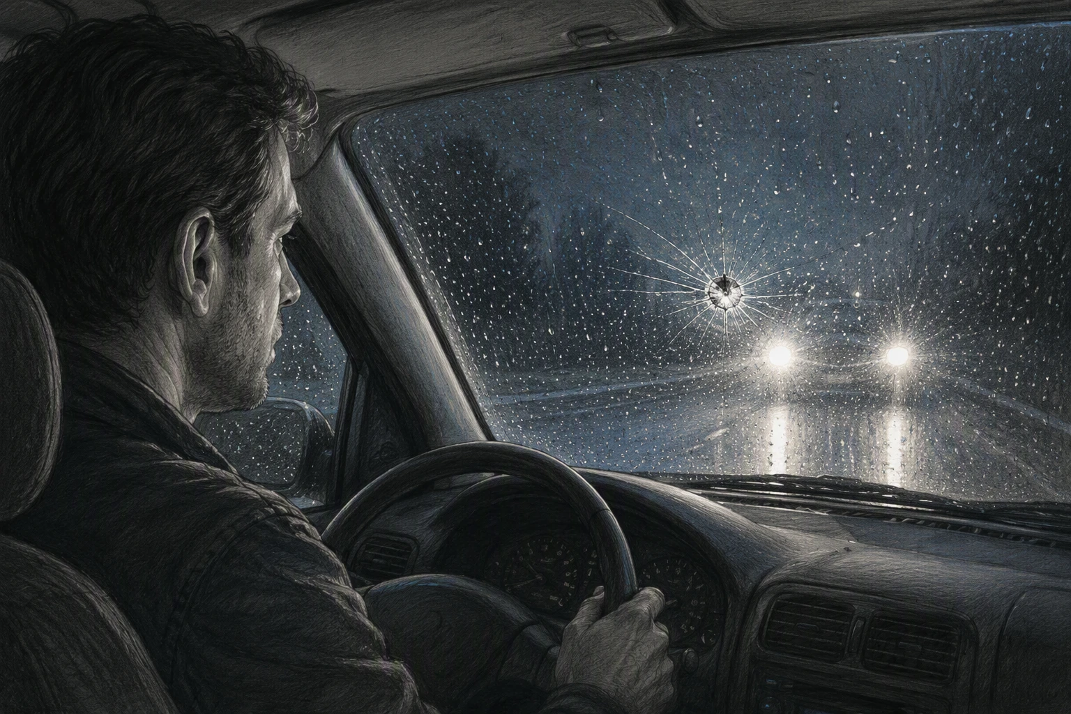 Driver squinting through glare-lit windshield chip