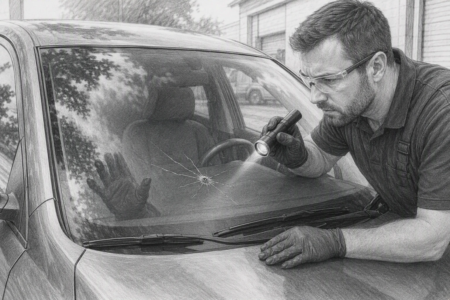 Close-up technician tracing branching windshield crack