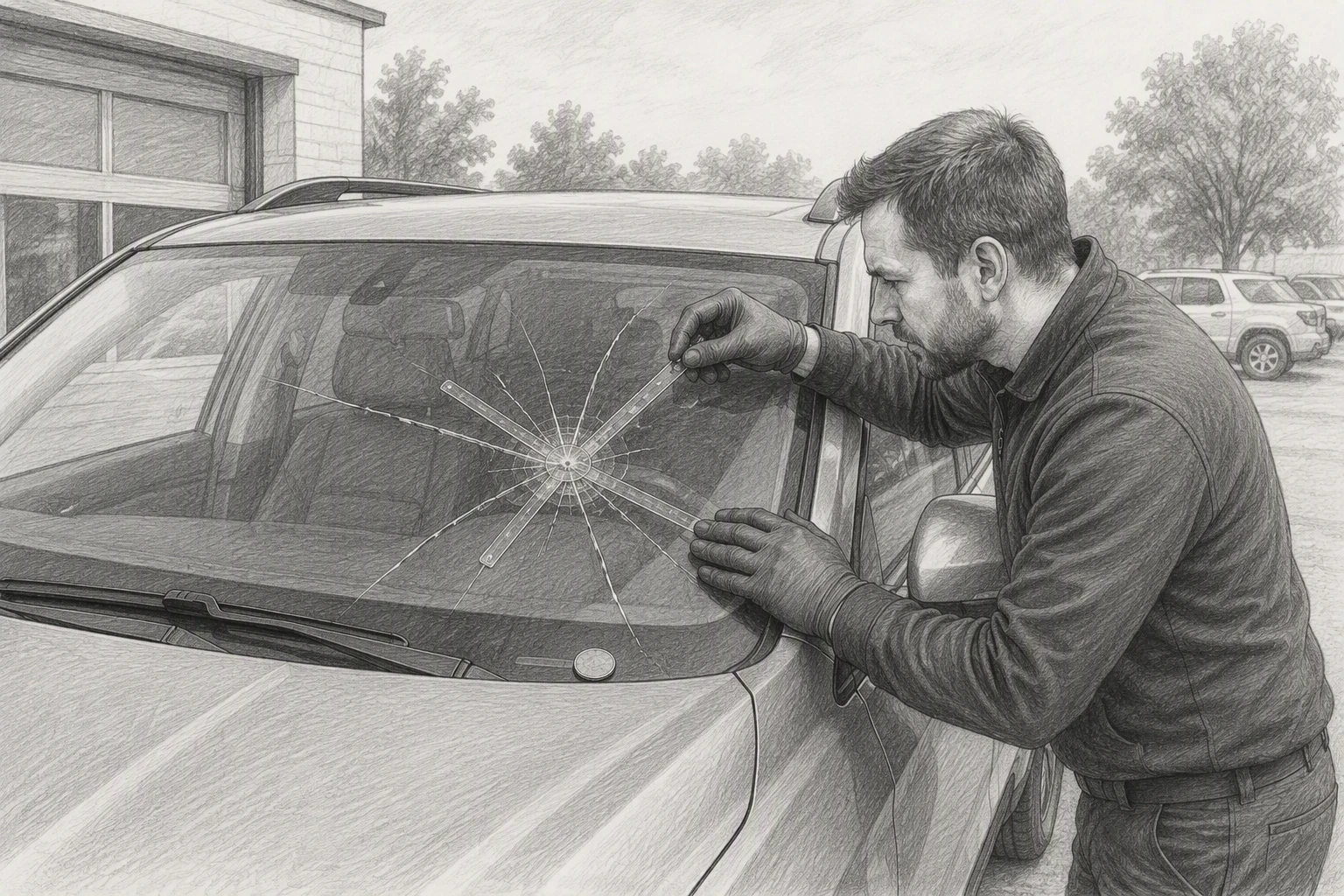 Technician measuring a large windshield impact