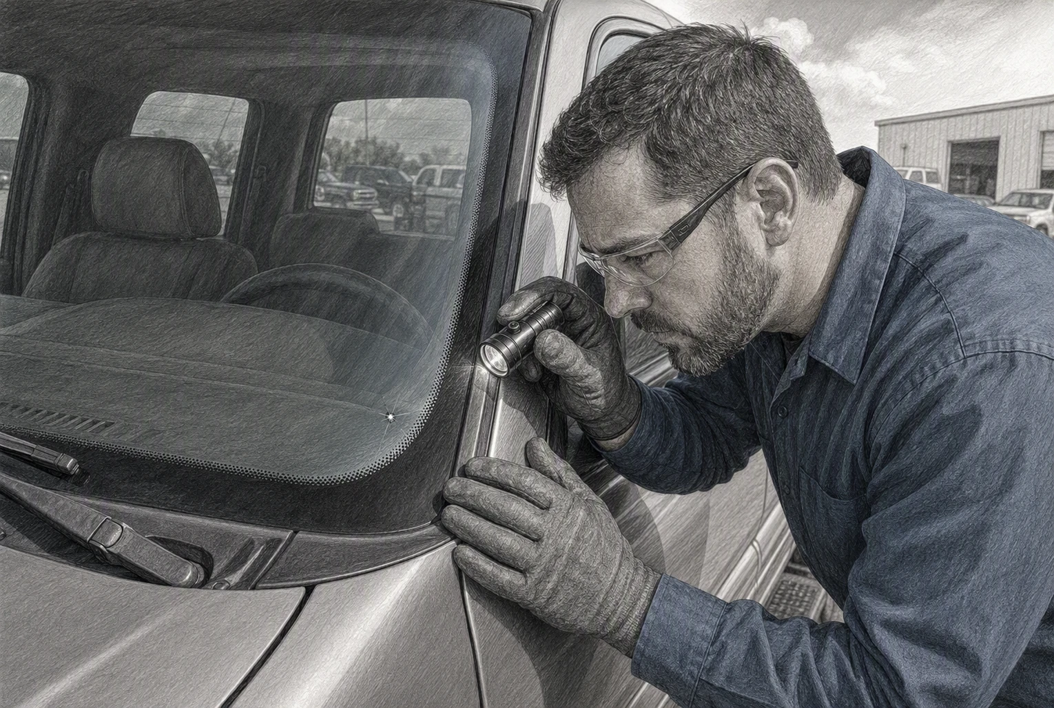 Technician inspecting edge chip on pickup windshield
