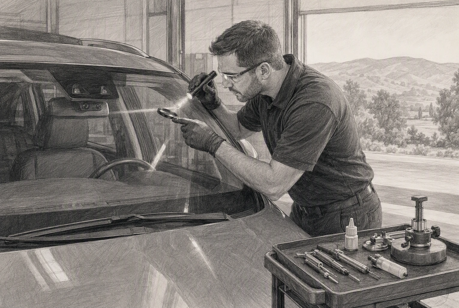 Technician inspecting windshield chip near camera