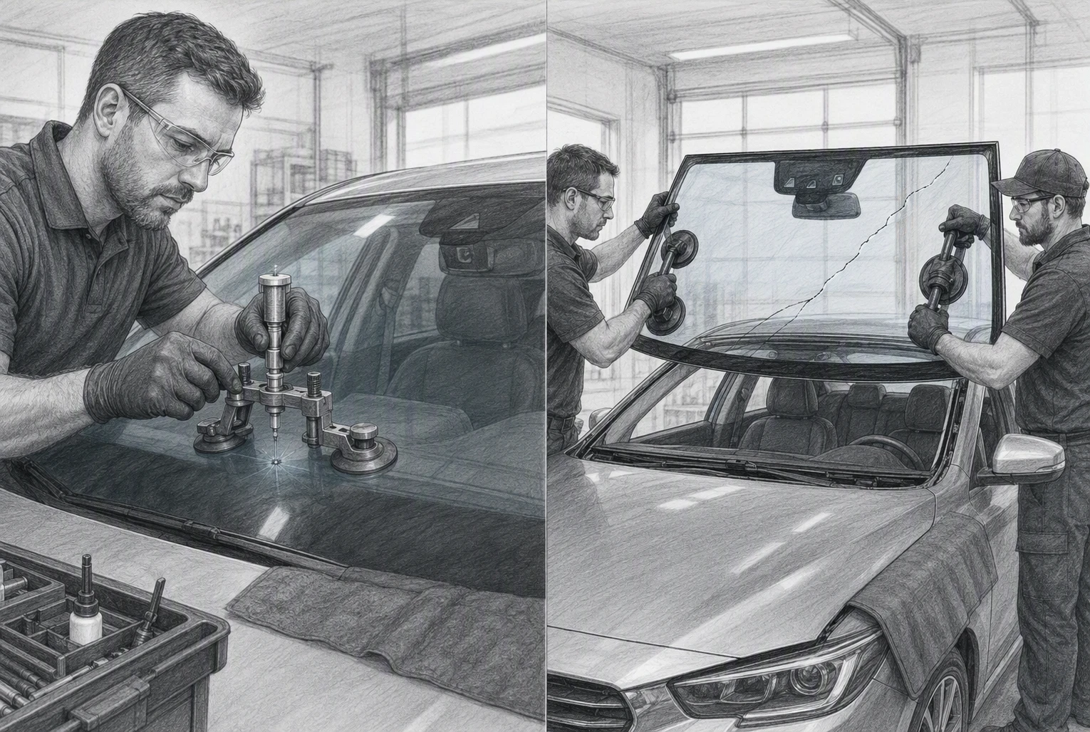 Split-view sketch of windshield repair versus replacement