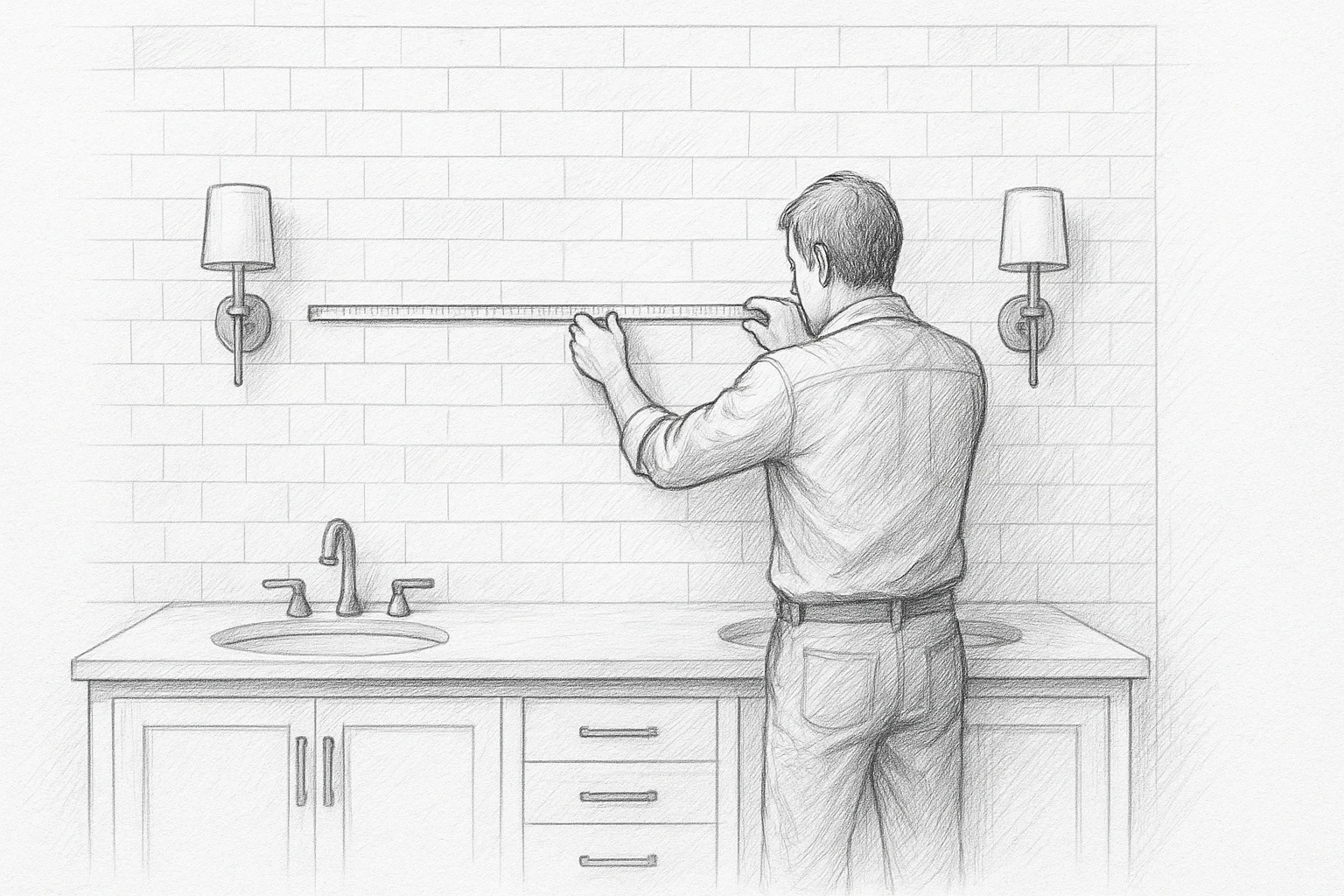 Installer measuring tiled wall beside double vanity