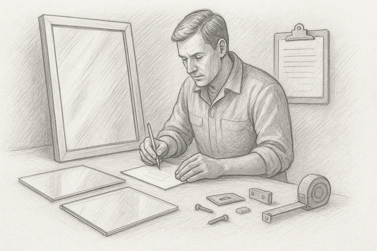 Pencil sketch of mirror quote checklist with hardware