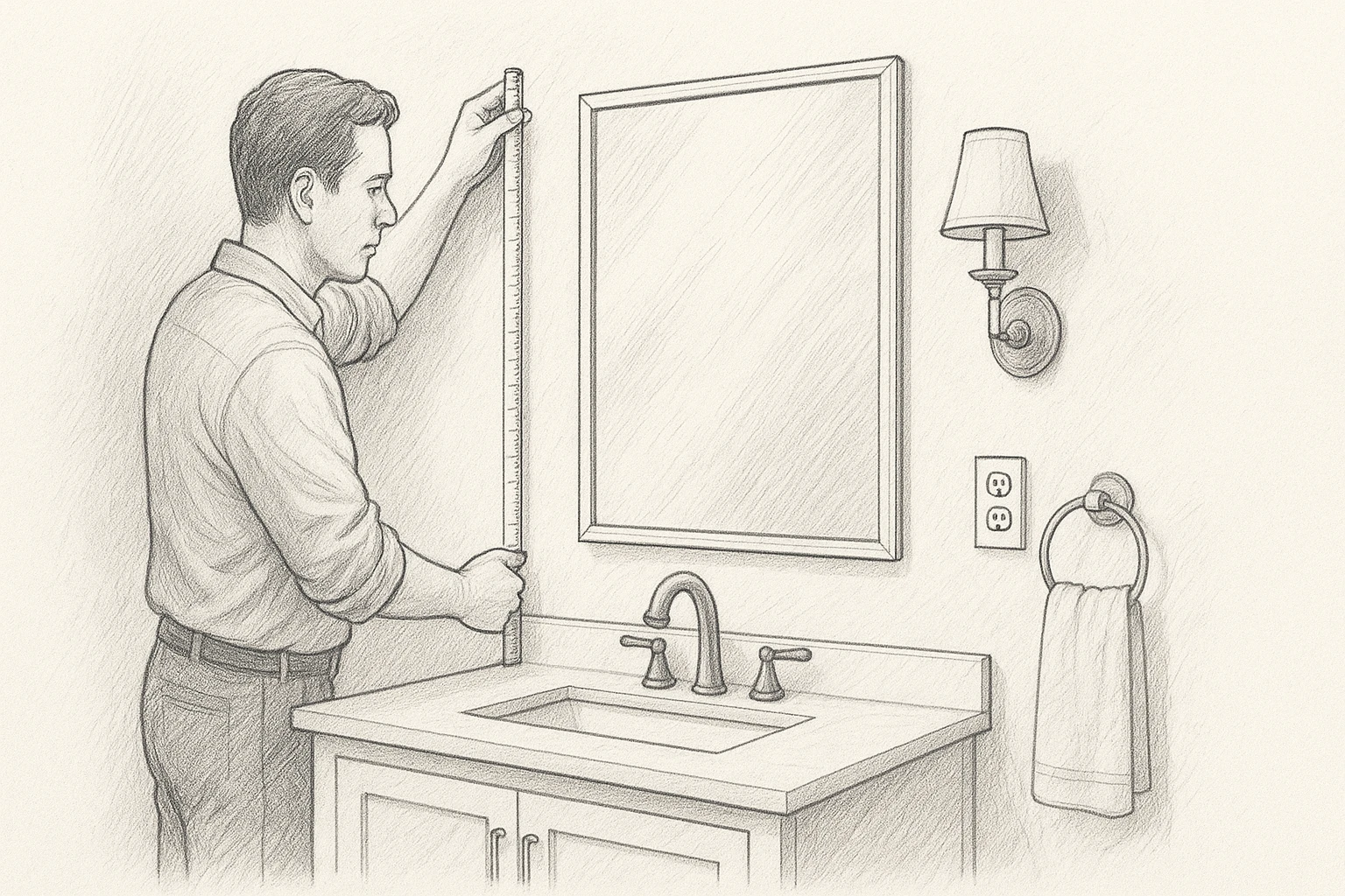 Measuring bathroom wall with tape and pencil