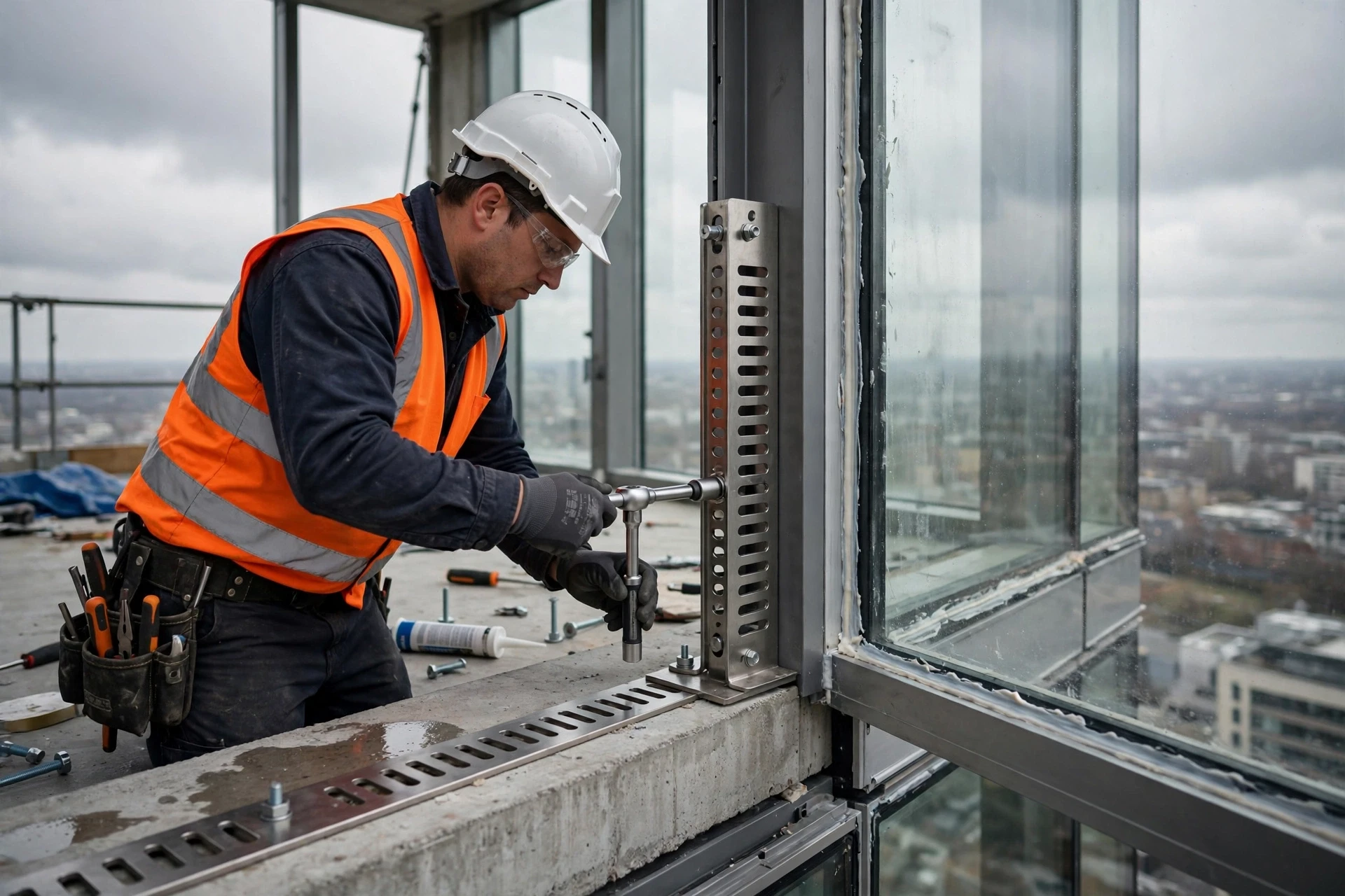 Glazier securing slotted curtain wall anchor bracket