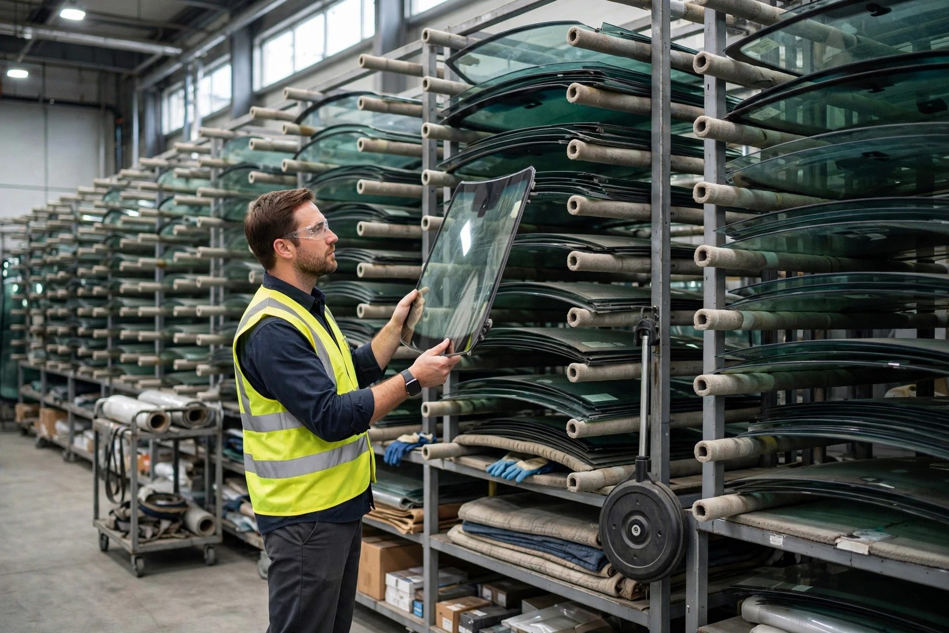 Technician inspecting stacked windshield glass racks