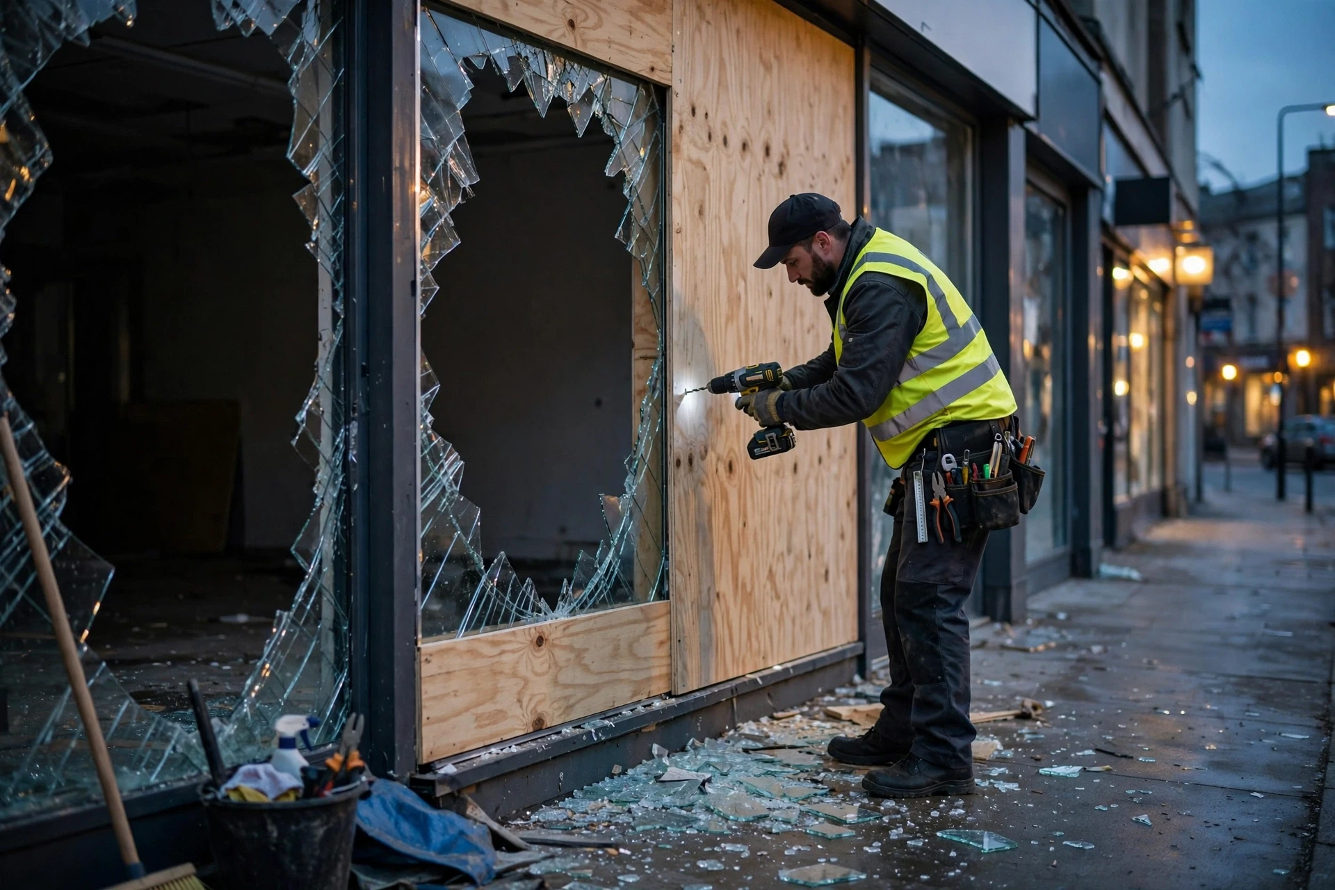 Technician securing plywood over shattered storefront glass