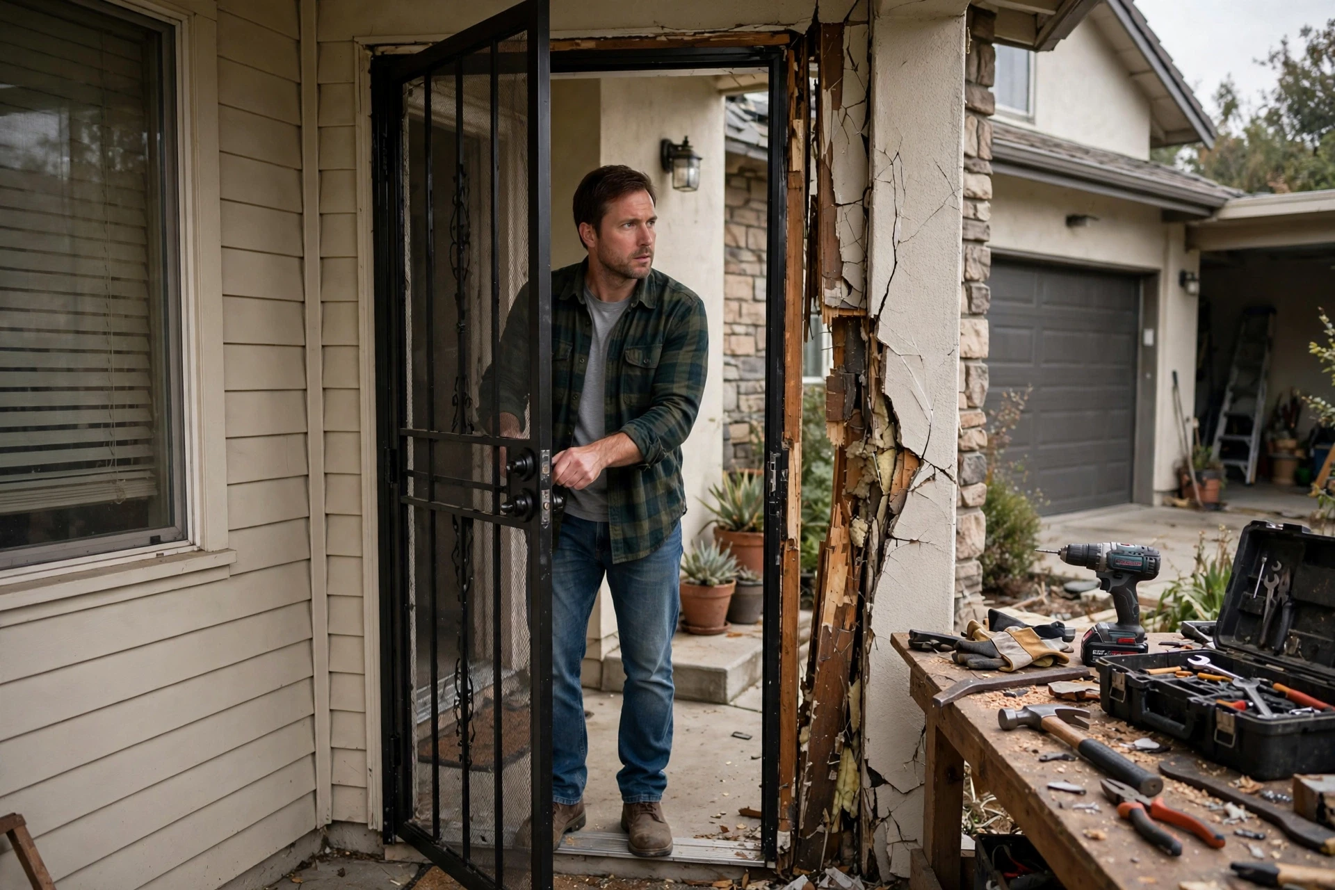 Homeowner opening steel security screen door