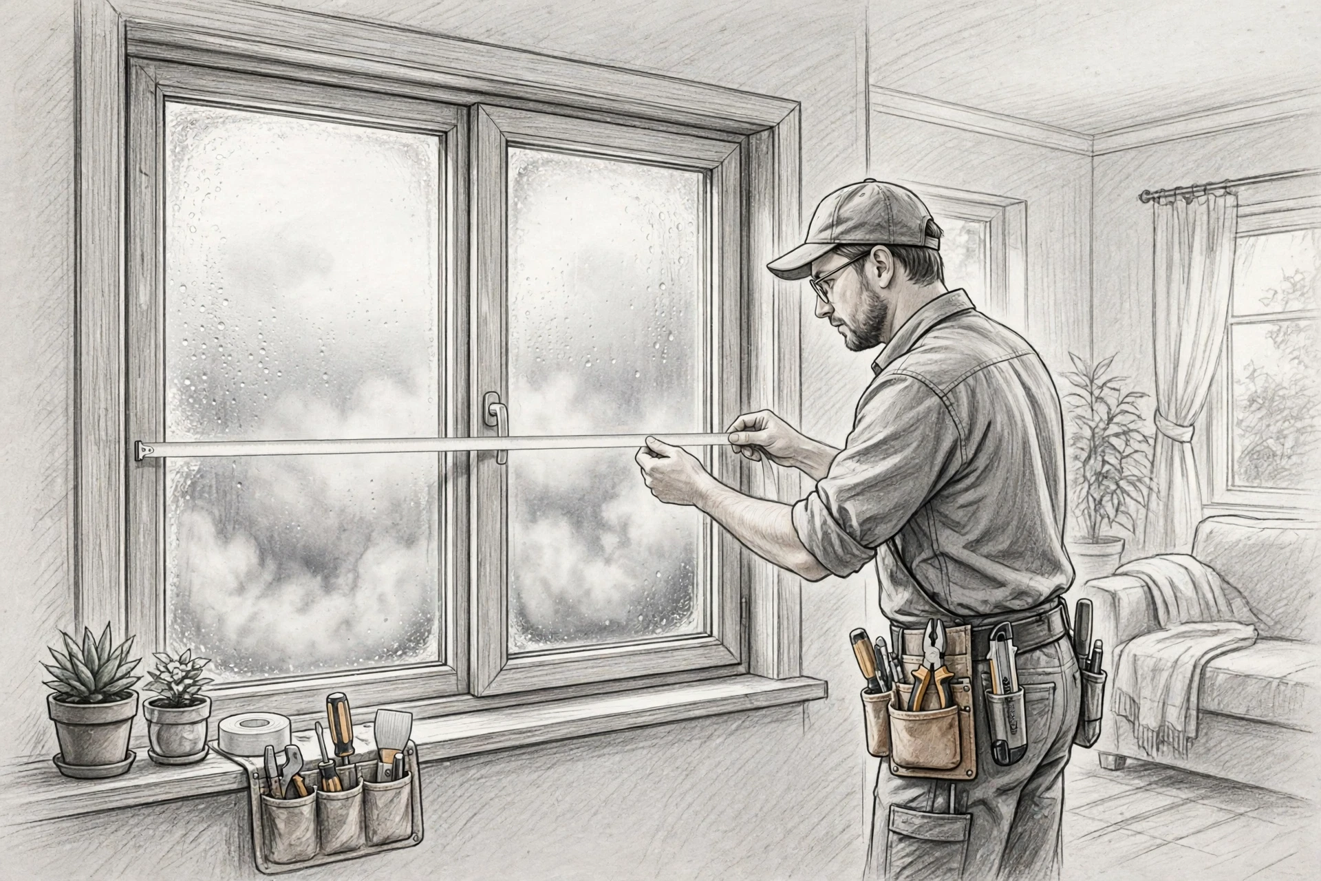 Technician measuring fogged double-pane window unit