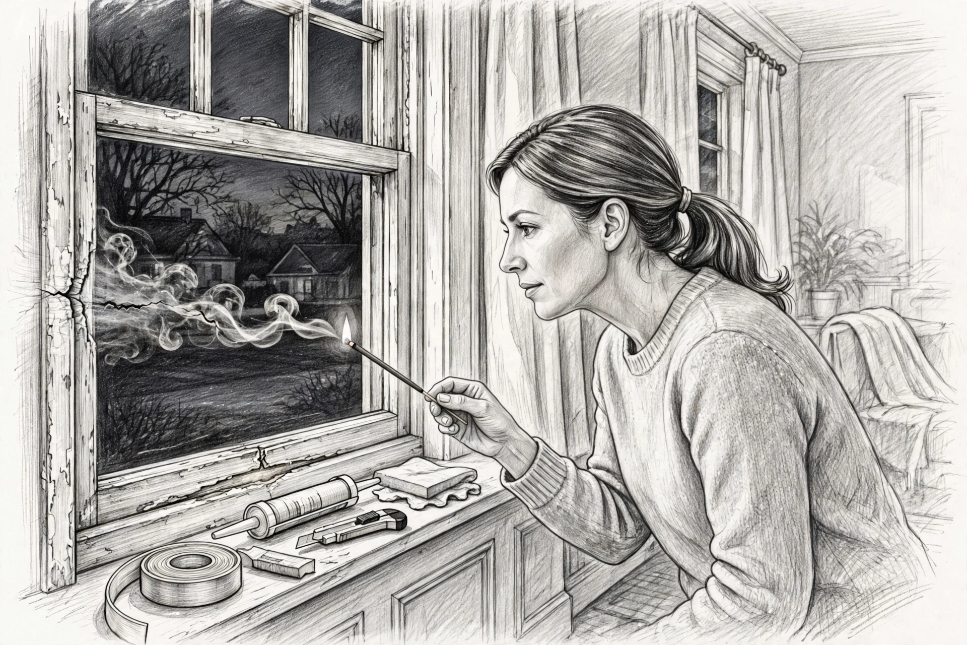 Homeowner testing window draft with incense smoke