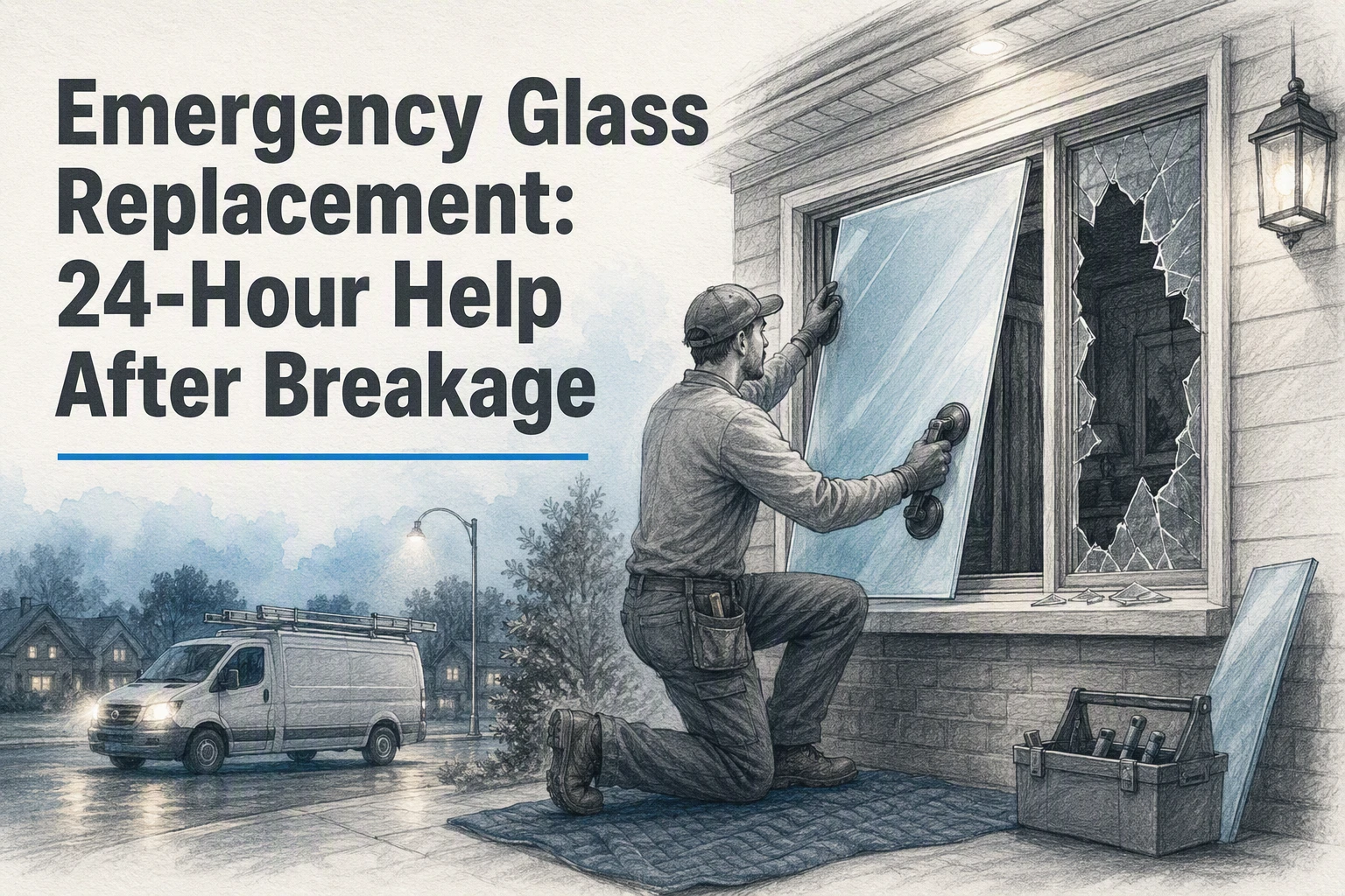 A worker installs a replacement window pane at night after breakage, with tools and a van nearby. Text reads: “Emergency Glass Replacement: 24-Hour Glass Repair After Breakage.”.