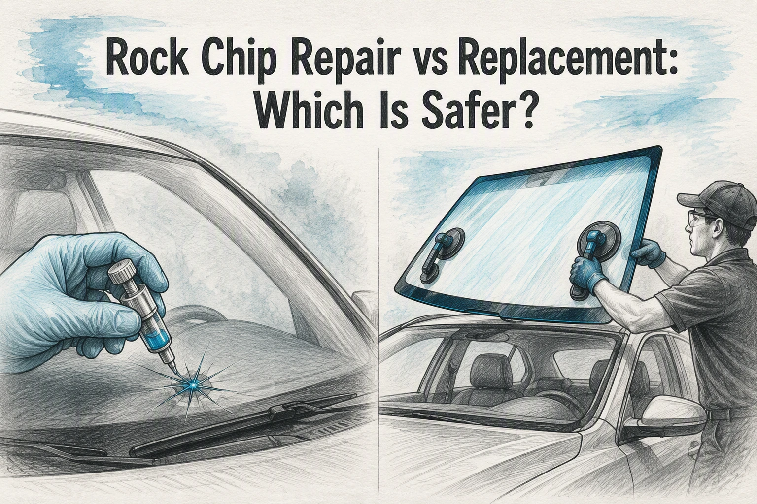 Split image showing a close-up of rock chip repair on a windshield and a worker performing a windshield replacement, with the text “Rock Chip Repair vs Replacement: Which Is Safer?” highlighting the importance of safety in choosing between repair and full replacement.