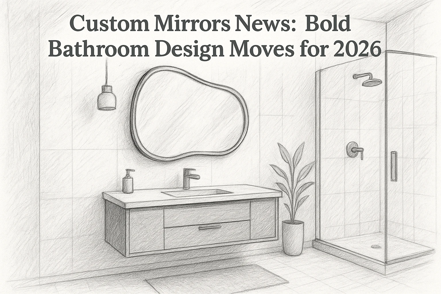 Pencil sketch of a modern bathroom with a unique custom mirror, hanging light, flat sink, potted plant, and glass shower. Text reads: “Custom Mirrors News: Bold Bathroom Design Moves for 2026.” Explore the latest in bathroom design trends featuring innovative custom mirrors that will define 2026 style.