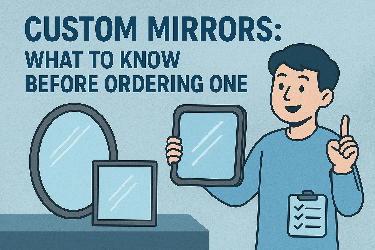 A person holds two custom mirrors, with an oval and square mirror on a table. Text reads: “Custom Mirror Guide: What to know before ordering one.”.