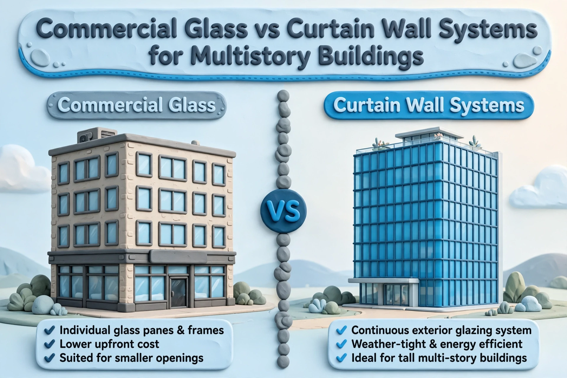 Comparison graphic of commercial glass and curtain wall systems, featuring two illustrated multistory buildings and listing key features and benefits for each construction method in modern multistory buildings.