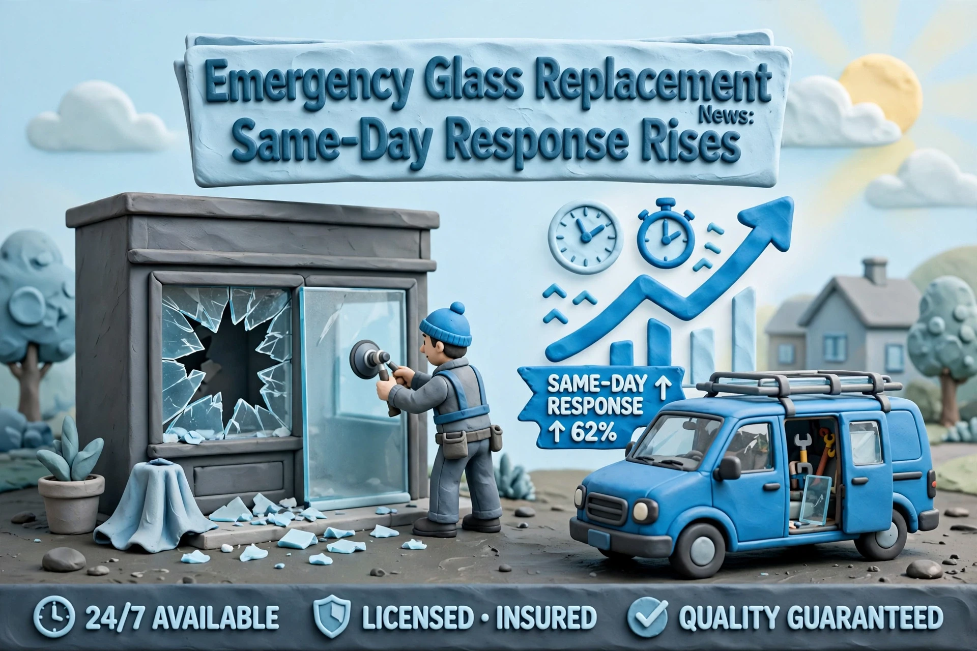 A person repairs a shattered glass window while a van is parked nearby. Text highlights emergency glass replacement with fast, reliable same-day response and comprehensive service features.