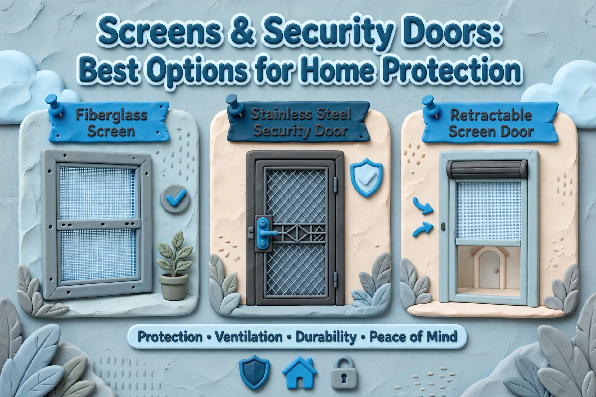 Infographic showing three home protection options: fiberglass screen, stainless steel security door, and retractable screen door, with icons for protection, ventilation, durability, and peace of mind. This visual guide highlights how different screens and security doors can enhance your home’s safety while providing essential comfort features.