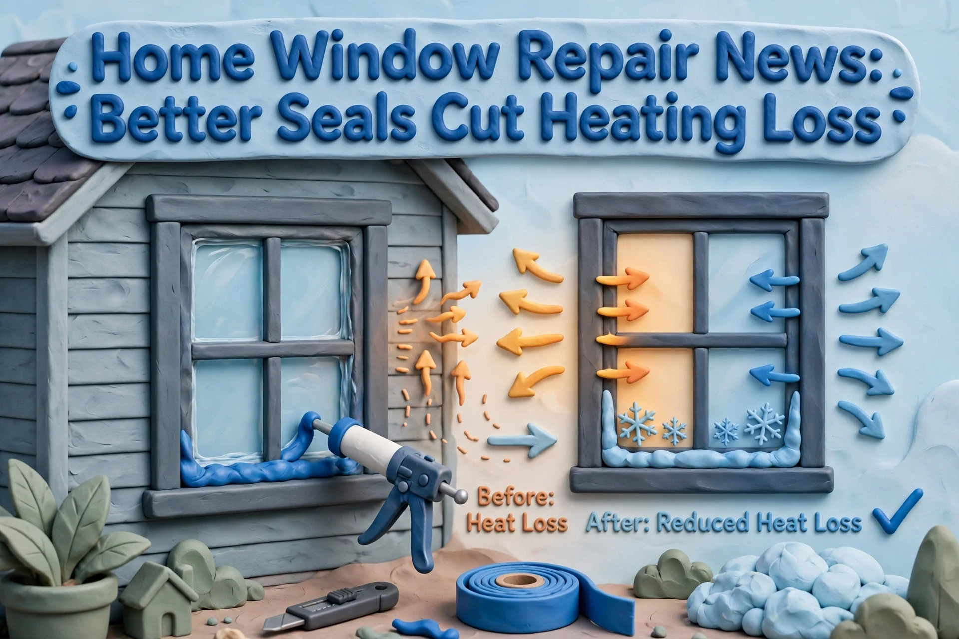Clay illustration shows a house window being sealed; left depicts heating loss, right shows less heating loss after window seals. Headline: “Better Seals Cut Heating Loss.”.