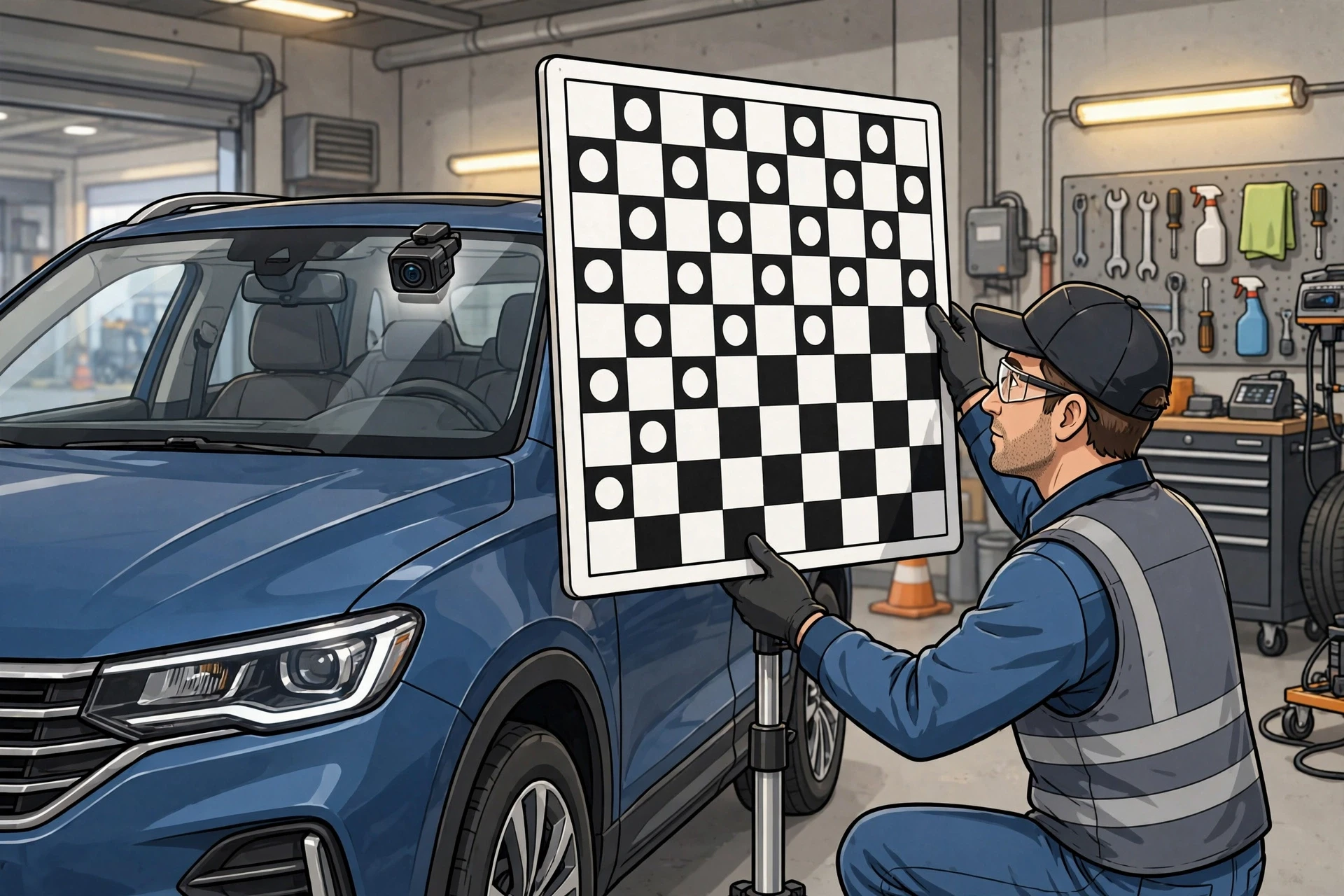 Technician aiming calibration target at windshield camera