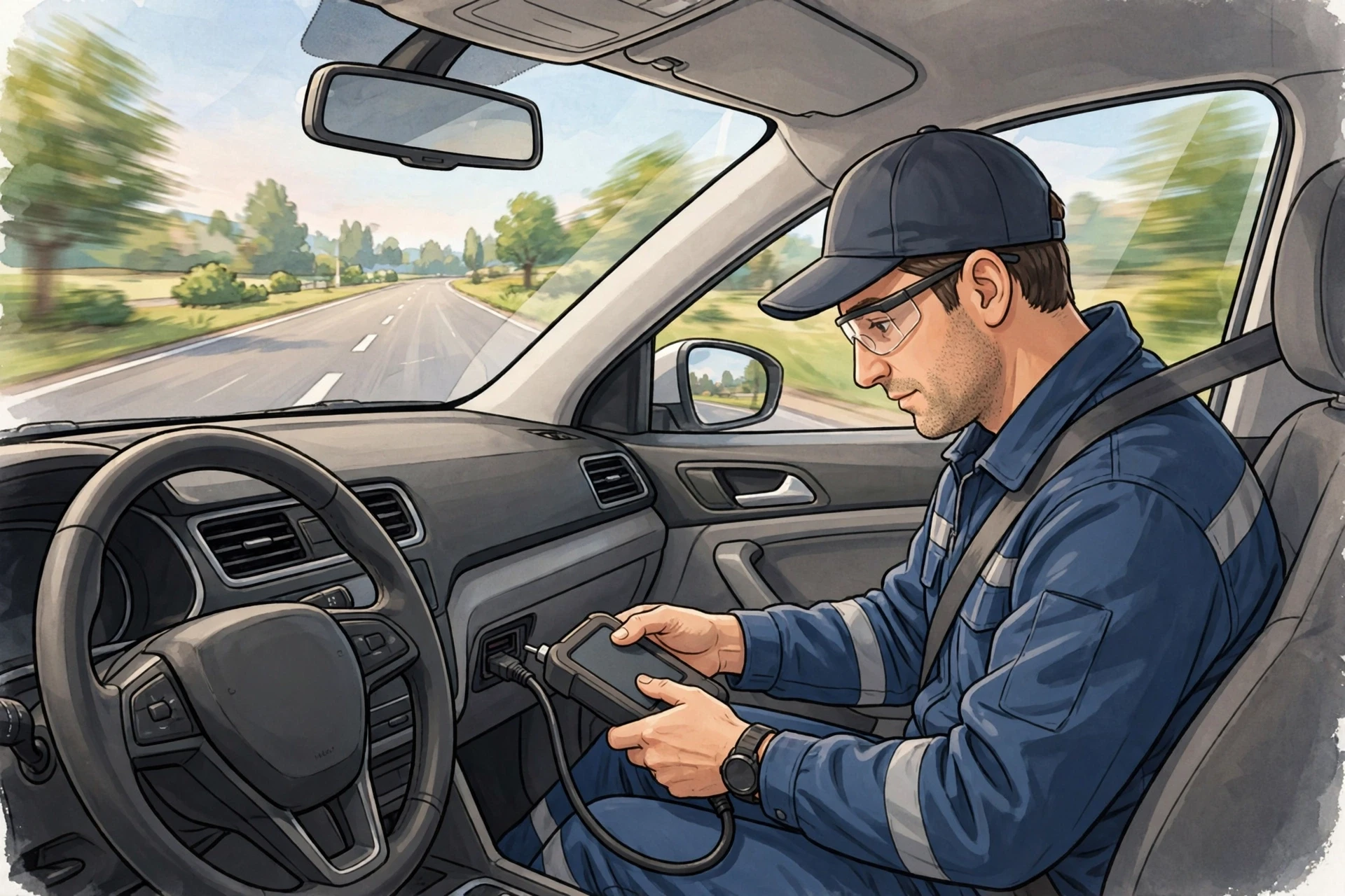 Technician running on-road ADAS calibration drive